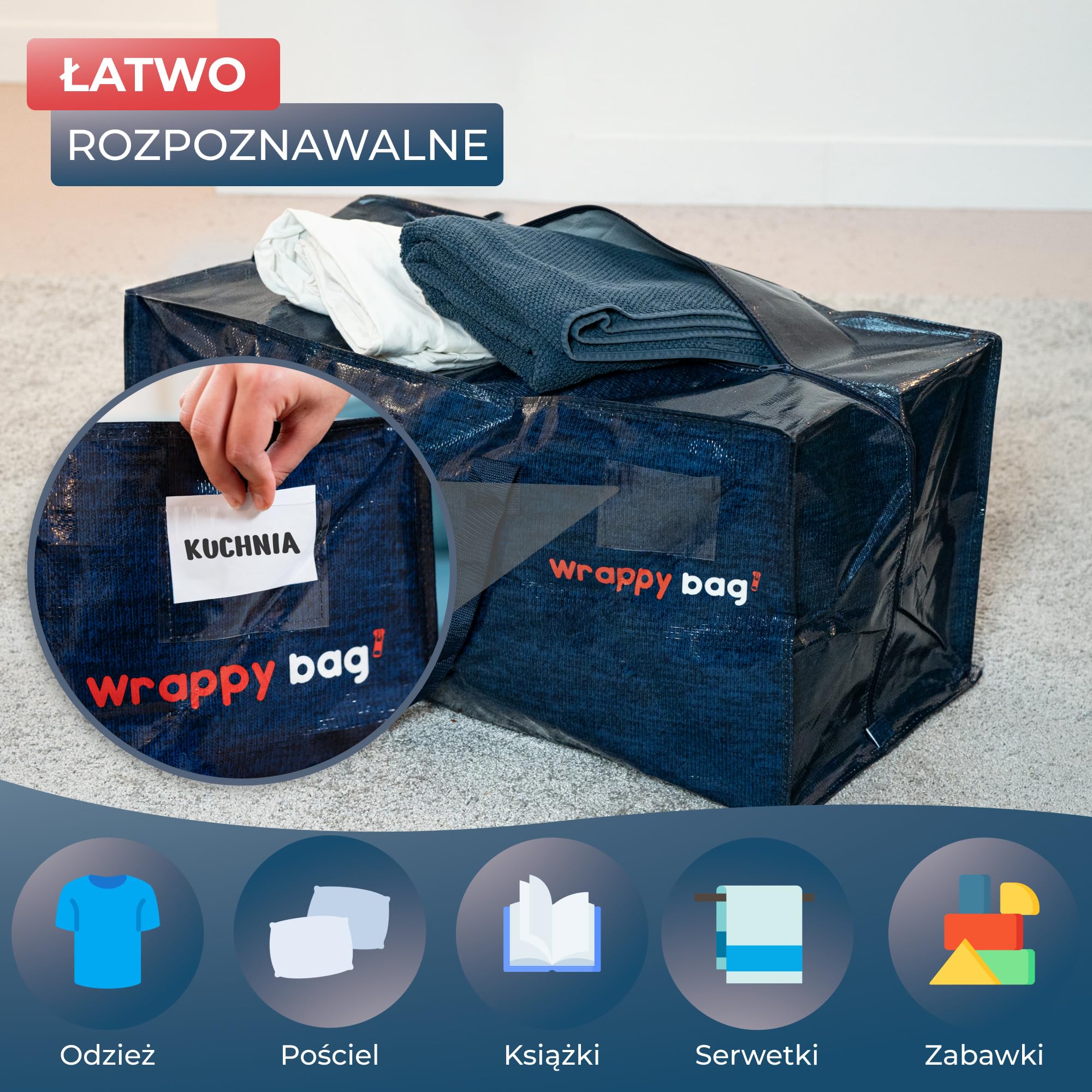 WRAPPYBAG Zestaw 6 Dużych Toreb do Przechowywania w Formie Plecaka – Torby Jumbo XXL – Przeprowadzka Podróż – Solidne, Grube Wodoodporne Wzmocnionymi Uchwytami – Na Odzież, Pościel – 76 x 36 x 38 cm