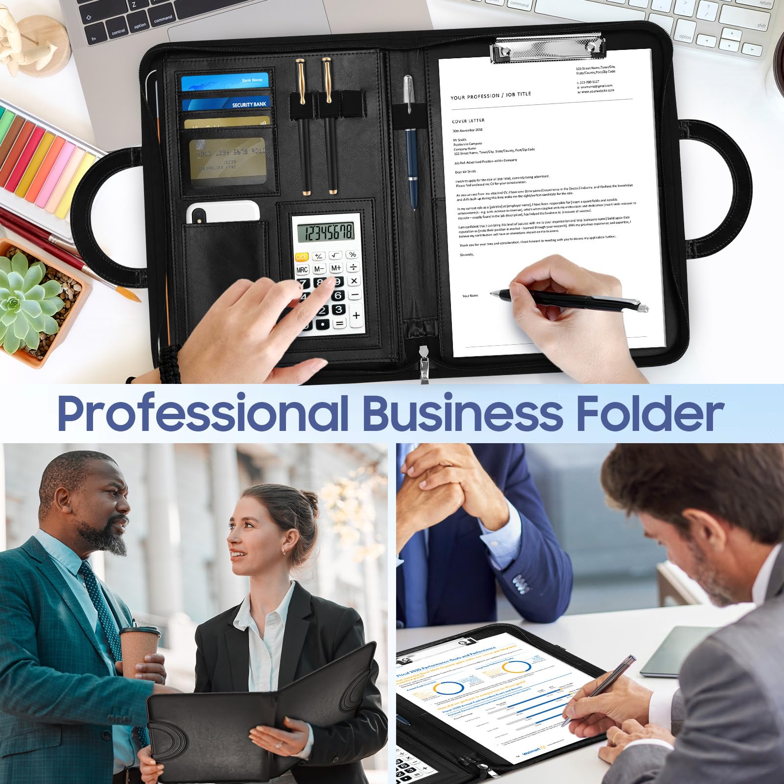Cartella business in pelle vegana di alta qualità con chiusura lampo, organizer Padfolio per donna e uomo, mappa con scomparto per carte, blocco per appunti e scomparto per carte per affari, scuola e
