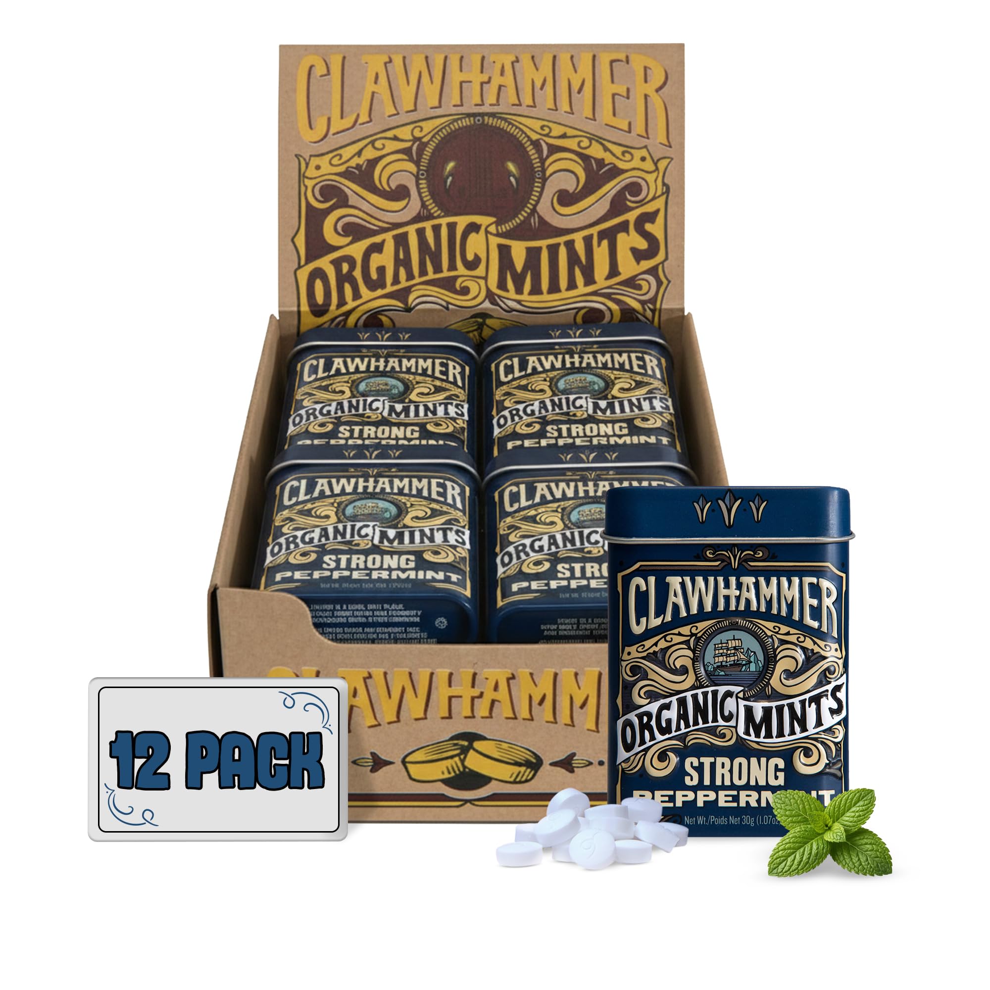 Organic Mints - Naturally Flavored Breath Mints - Intense Breath Freshening Candy Mints - Strong Peppermint, 30 Count Tin (Pack of 12)