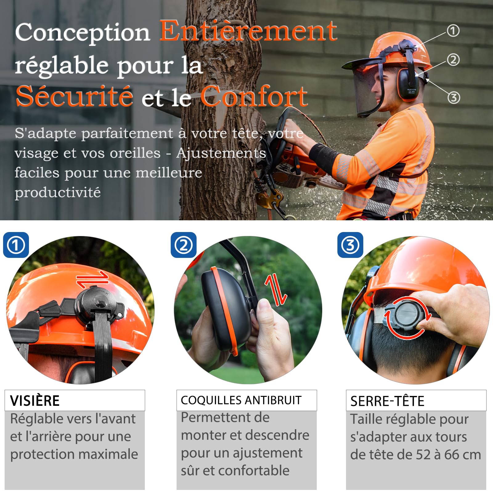 Casque de tronçonneuse avec protection faciale et cache-oreilles - Casque de sécurité pour tronçonneuse - Lunettes anti-buée amovibles