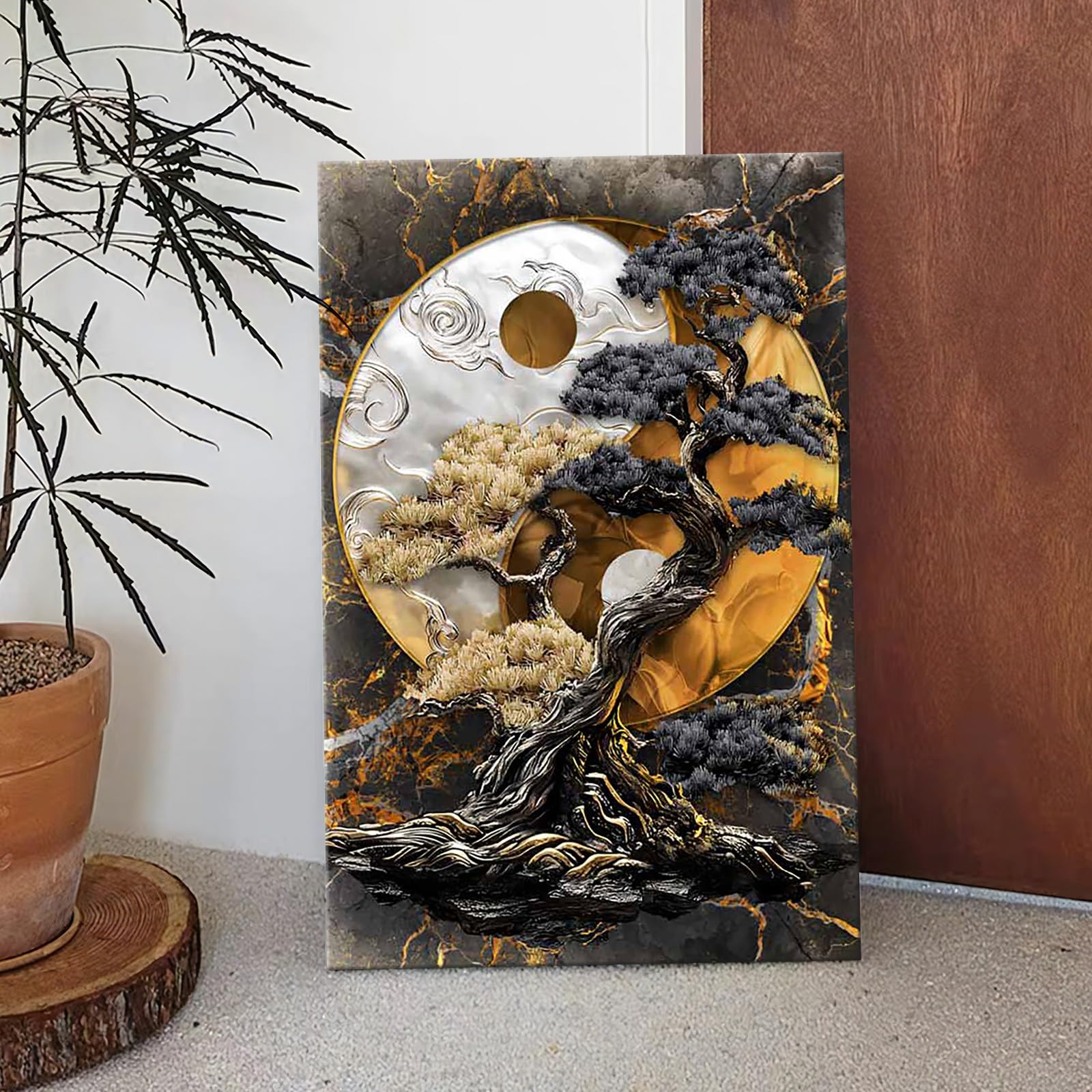 Wooden Framed Canvas Wall Art Qian Kun Yin Yang Tree Painting on Canvas Prints Poster Black Brown Silver Marble Cameo Pictures for Living Room Bedroom Home Office Hallway Corridor Wall Decor 40x60cm - Image 3