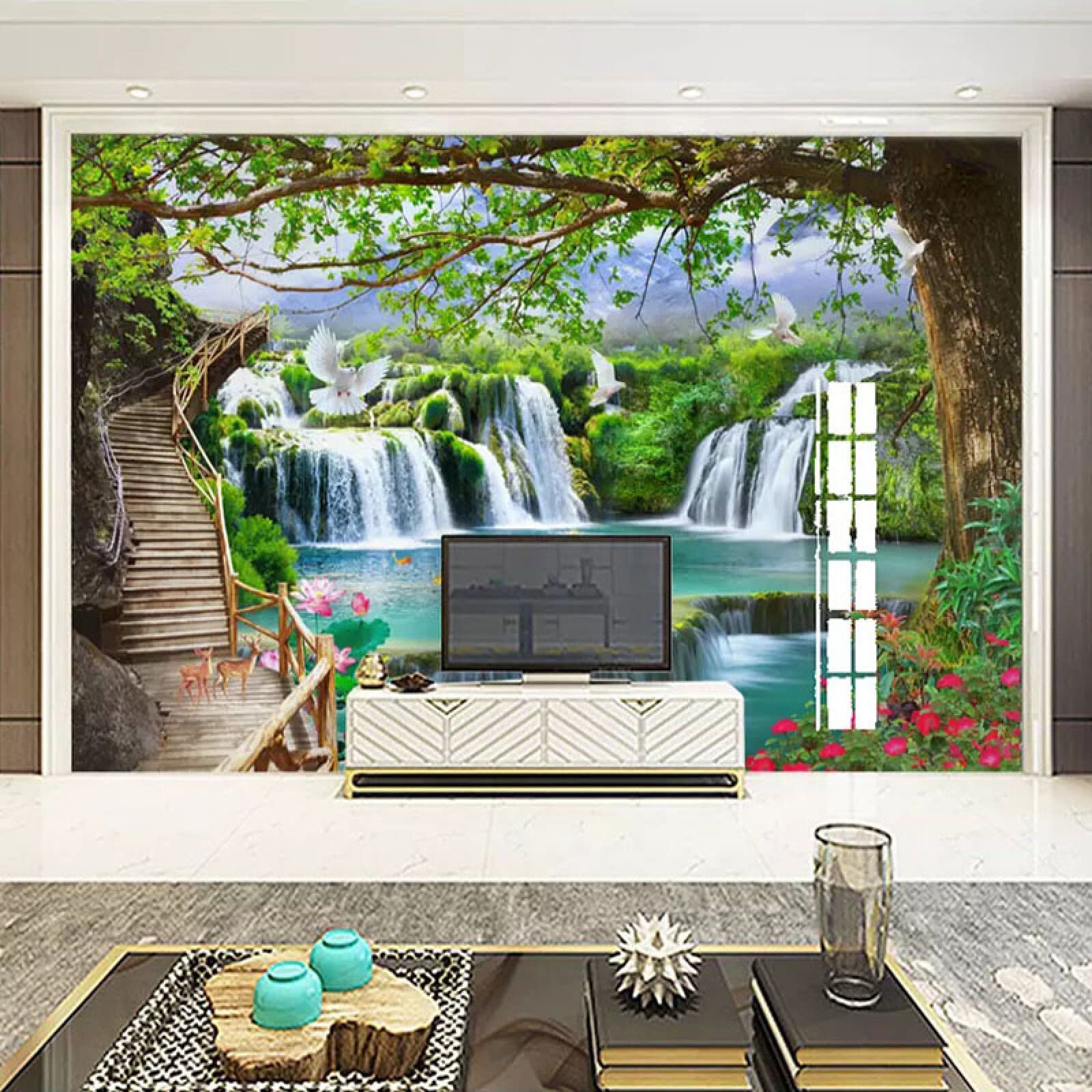 Verde Grande Albero Cascata Natura Paesaggio Pittura Murale Personalizzata Foto 3D Carta Da Parati Per Soggiorno Tv Sfondo Murale 250Cm(W)×175Cm(H)