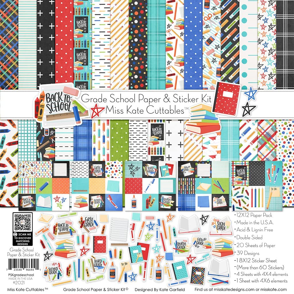 Miss Kate Cuttables Paper & Sticker Kit - Grade School - 20 Double-Sided 12x12 Papers with 39 Designs & 1 8X12 Sticker Sheet - Scrapbooking Card Making Crafting - Image 2