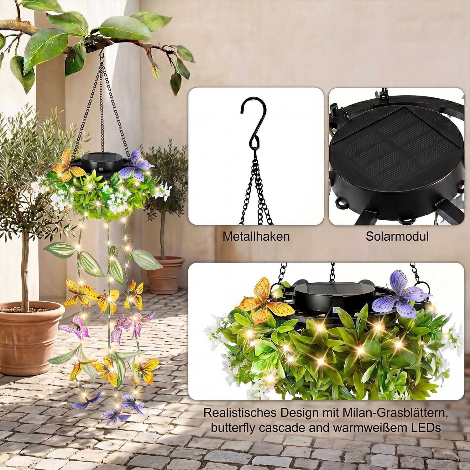 Gresonic 2er Solar künstliche pflanzen außen, efeu lichterkette 48 LEDs IP65 wasserdicht, solarlampen balkon, Kunstpflanzen warmweißen outdoor für Garten, Balkon Terrassen deko