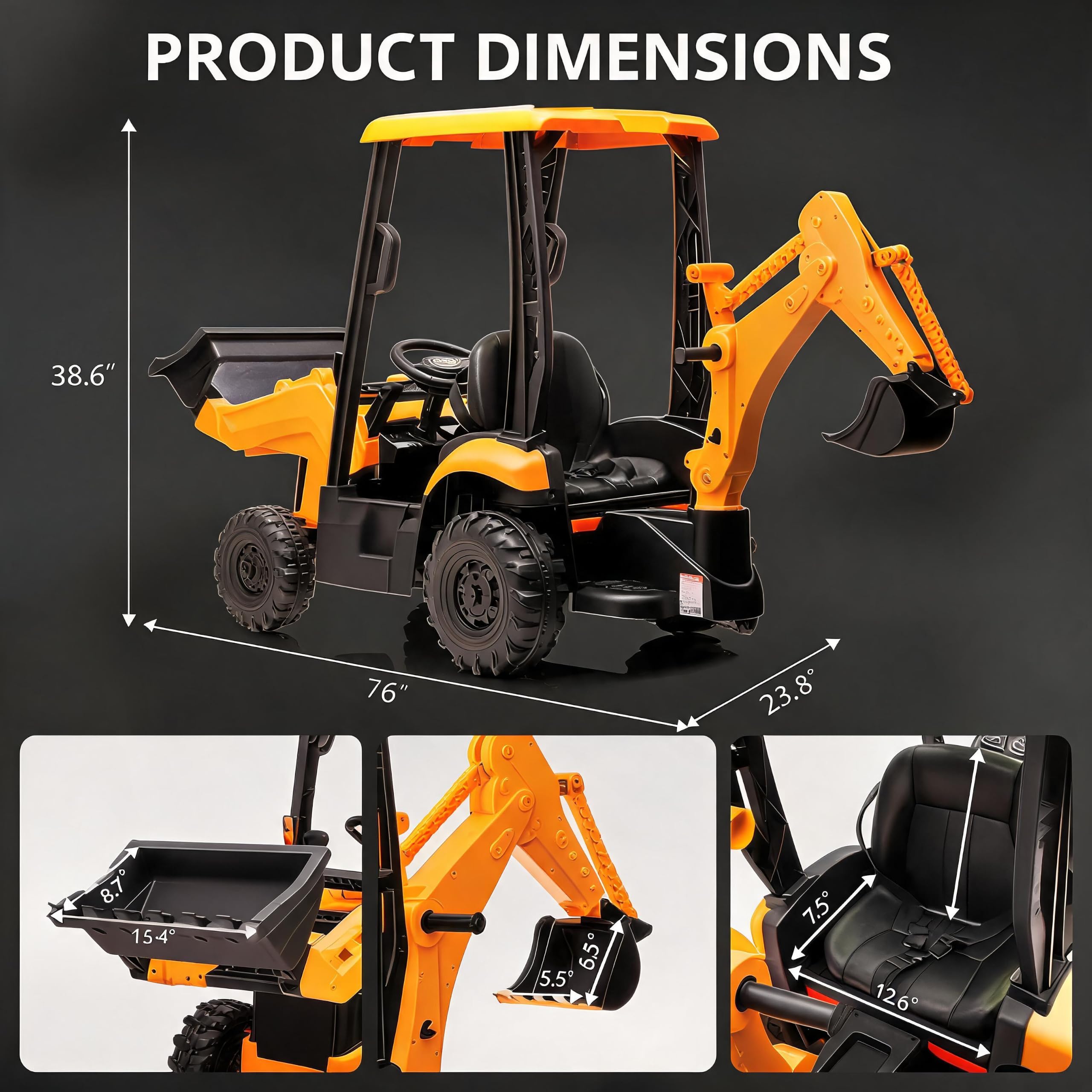Garvee Escavatore Elettrico per Bambini 12V 4-in-1 con Doppio Motore | Trattore Escavatore con Ruspa, Benna Frontale, Tetto Rimovibile, Telecomando, Velocità 2–4 km/h, per Bambini 3+ Anni, Giallo