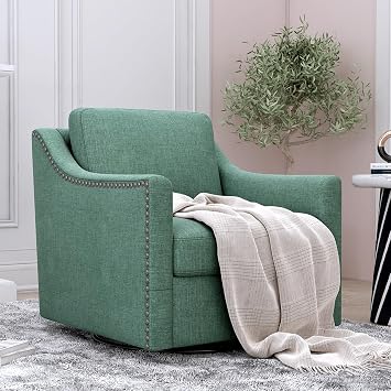 Upholstered Swivel Barrel Chair, 31" Wide Modern Fabric Ergonomics Single Sofa Chair, Living Room Bedroom Accent Chair Comfy Club Swivel Chair Cotton Linen Blackish Green