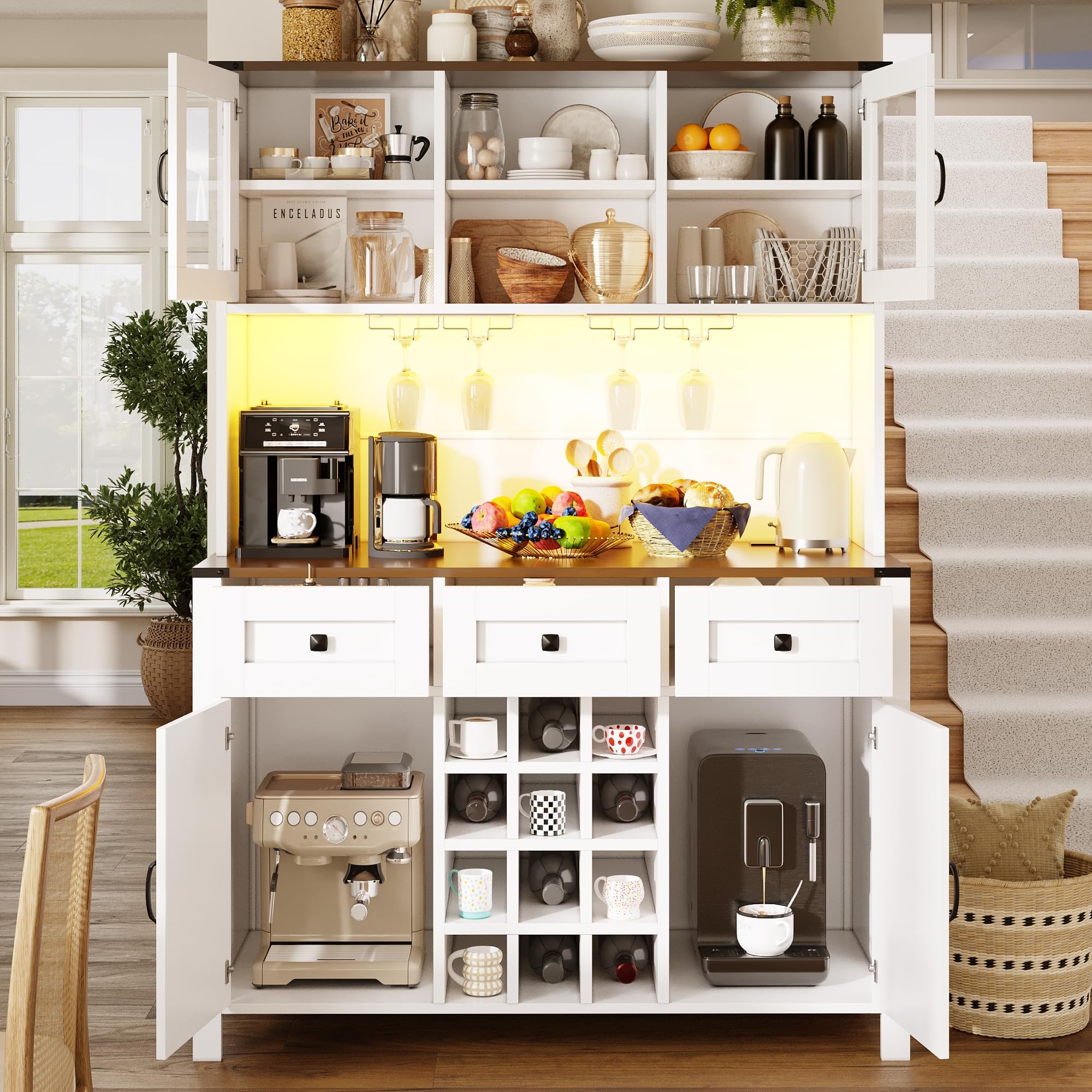 Küchenschrank mit LED-Lichtleiste und USB-Anschlüssen, Hochschrank mit Schublade und Aufbewahrungsschrank, Buffetschrank mit Weinregal, Weiß-B, 120x40x170 cm