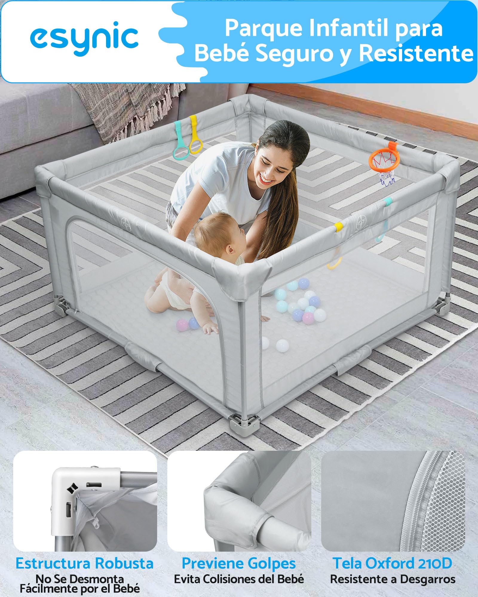 eSynic Parque Infantil Bebé Plegable 150x150 cm Corralito Bebé Grande con Colchoneta Centro de Actividades Playpen con Malla Transpirable Pelotas Canasta Uso Interior Exterior Portátil Gris