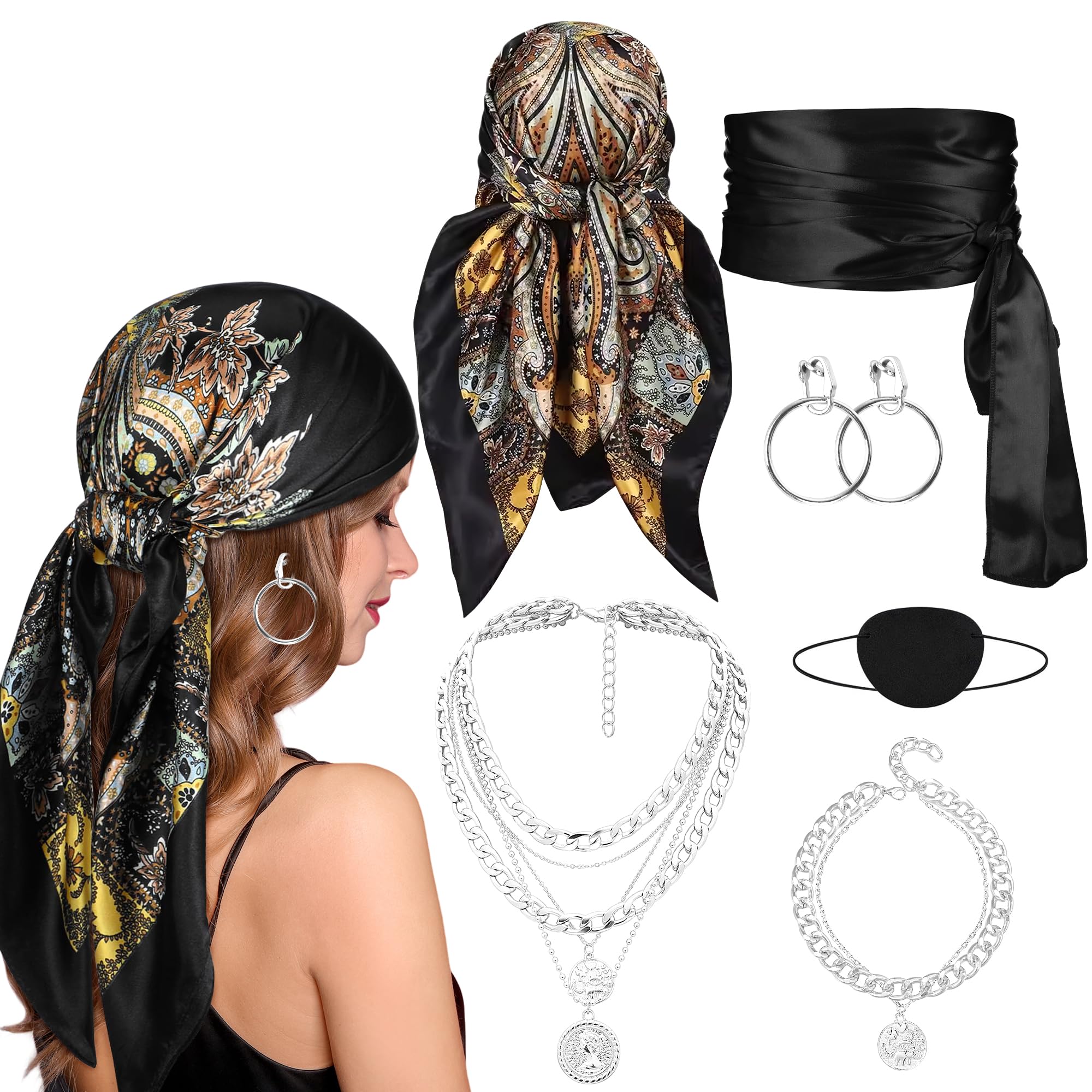 Amlisia Womens Pirate Costume Accessories Set, Captain Pirate Accessories with Head Scarf Necklace Jewelry for Party (Black)