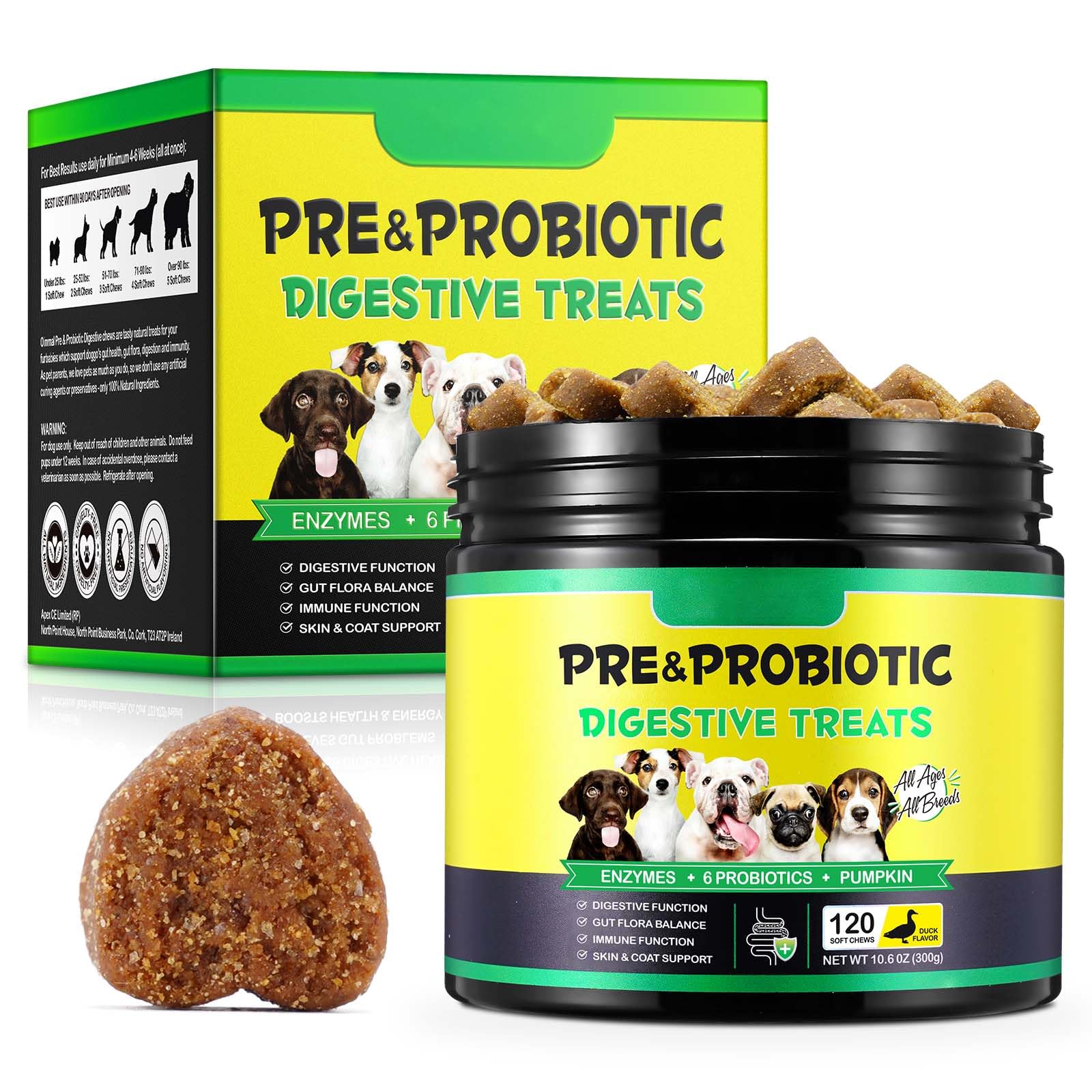 Masticativi digestivi probiotici per cani，120 pezzi potenza probiotica per l'armonia digestiva, comfort della pelle, sollievo dalle allergie, rafforzamento del sistema immunitario - ideale per cani