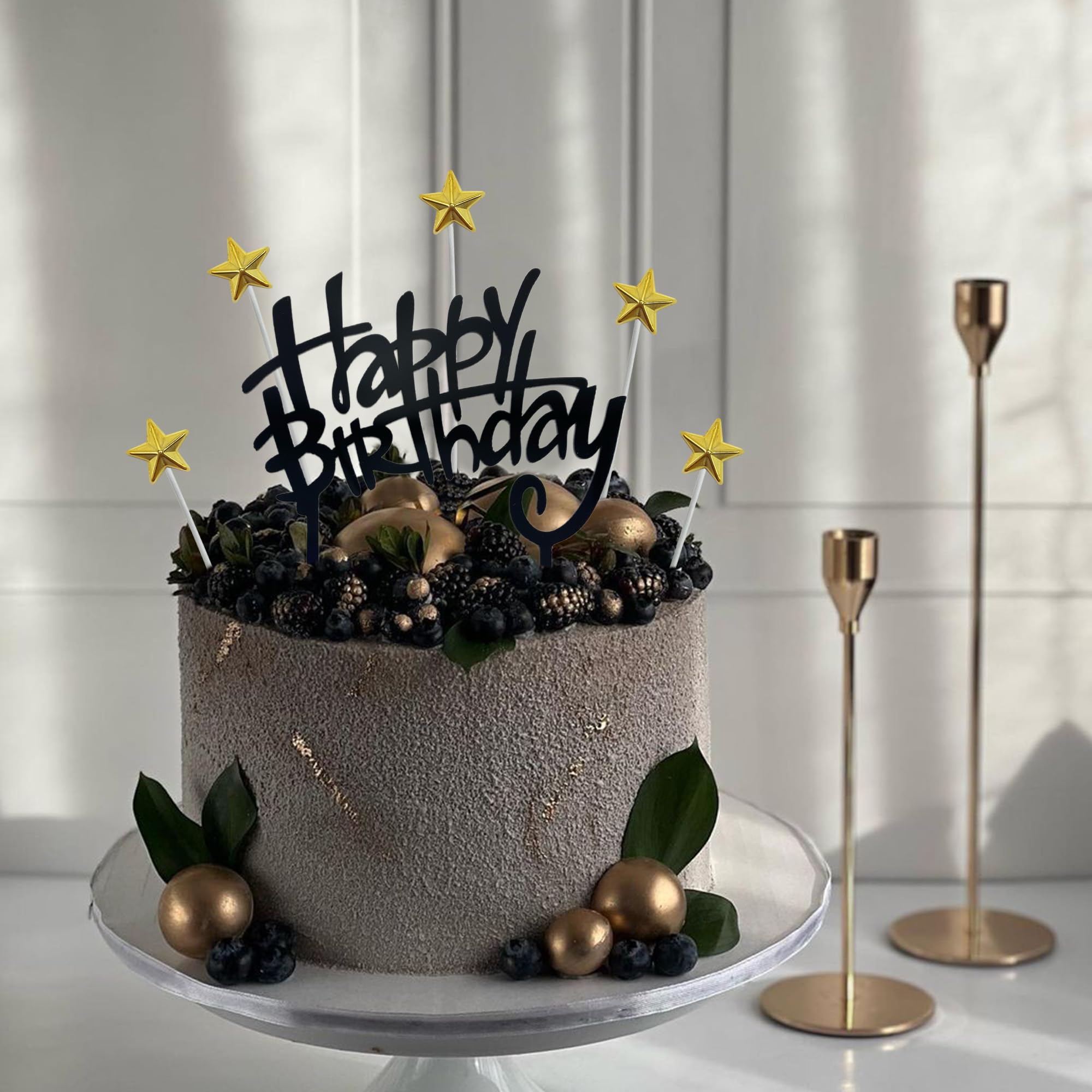 Topper Para Pastel 'Feliz Cumpleaños' Acrílico Negro - Decoración Grande Para Tarta - Elige Estrella O Letrero
