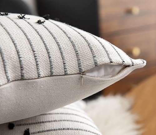 Miniatura 6 de Caflife Juego de 2 fundas de almohada bohemias de 18 x 18 pulgadas, fundas decorativas para cama, fundas de almohada neutras beige con línea negra,