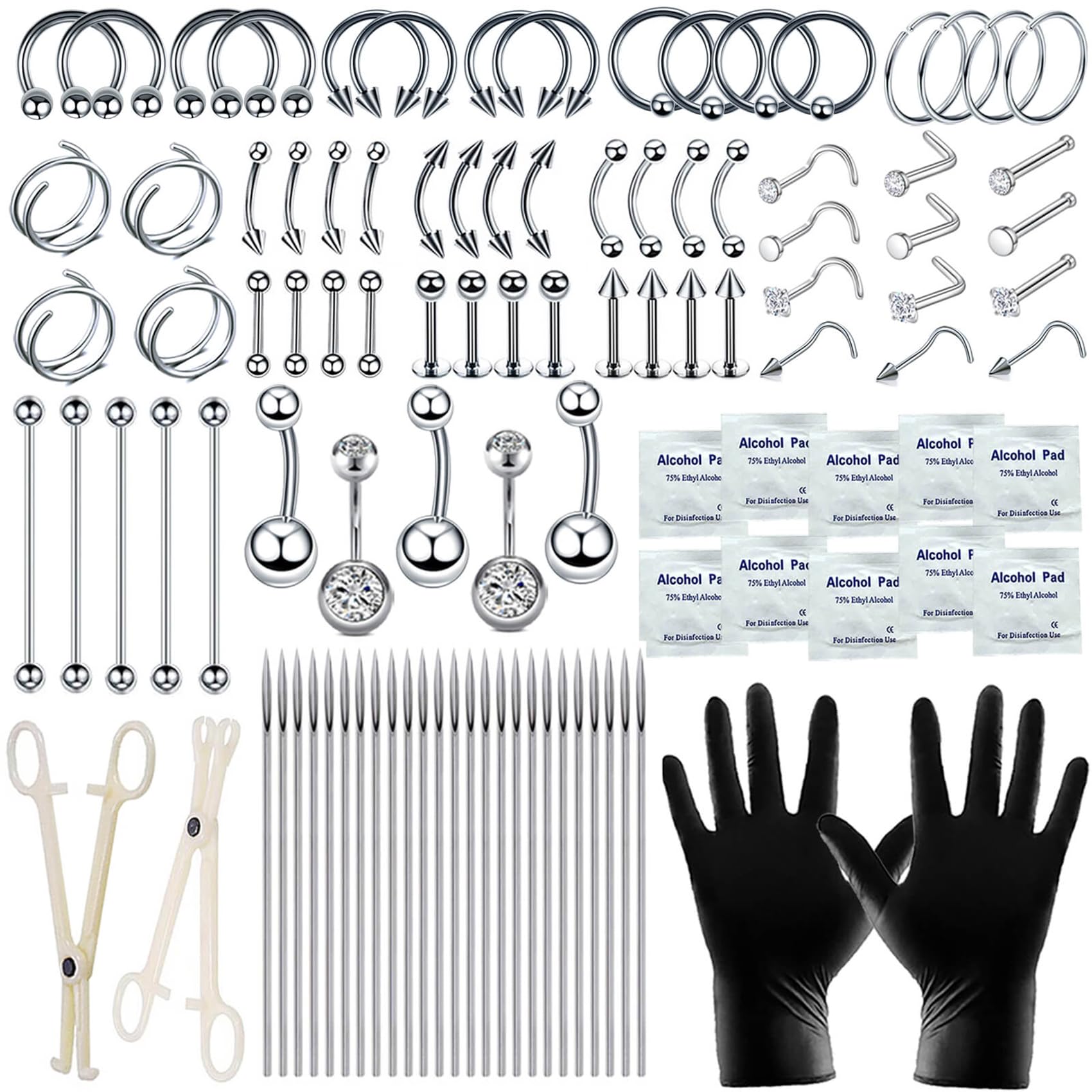 103PCS Piercing Kit for all Body Piercings Stainless Steel Piercing Jewelry with 12G 14G 16G 20G Piercing Needles and Tools for Nose Septum Belly Button Lip Ear Tongue Cartilage Eyebrow Tragus