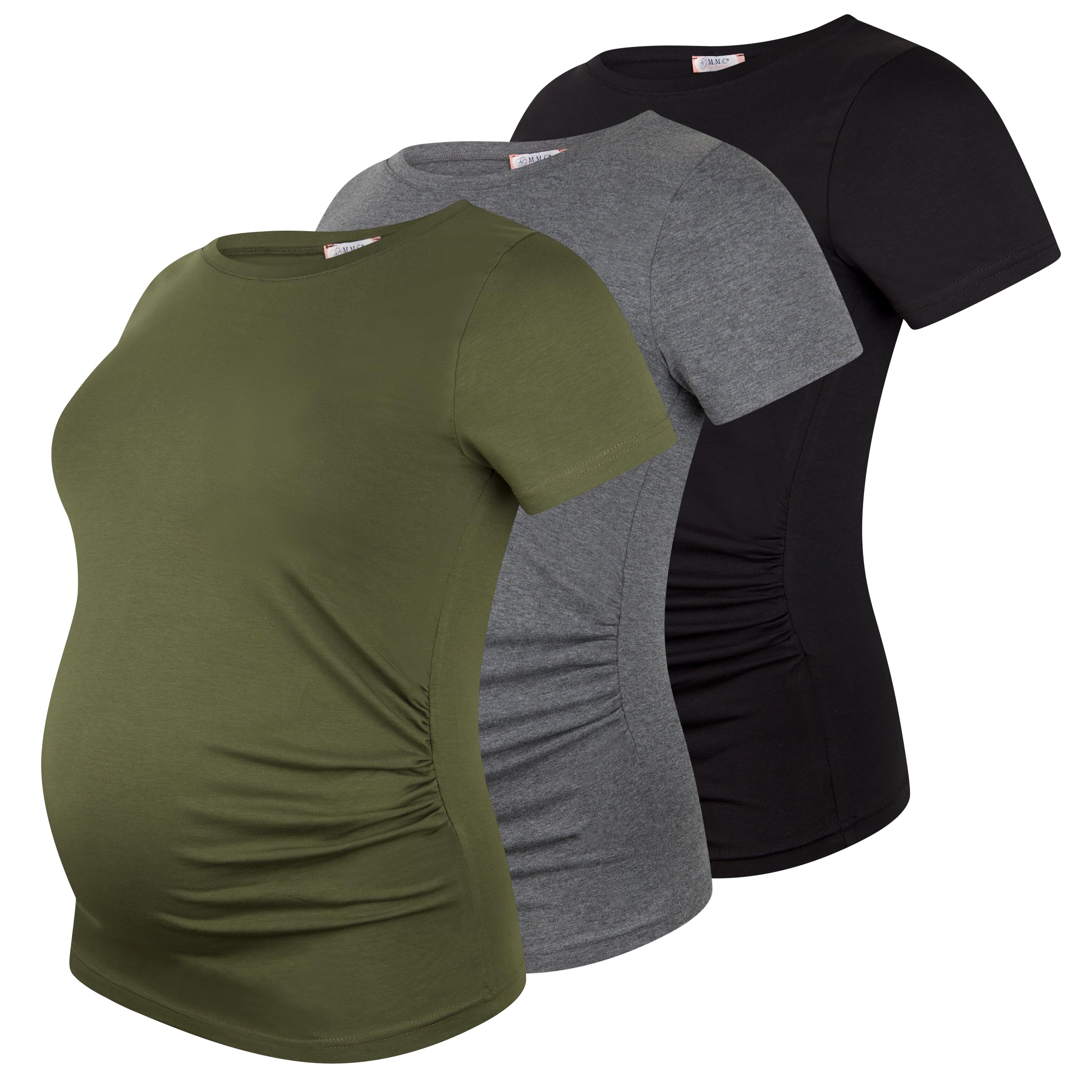 M.M.C. Lot de 3 t-shirts de maternité à manches courtes pour femme – Mode de maternité basique, couleur unie, fronces croissantes, 95 % coton, S à XL