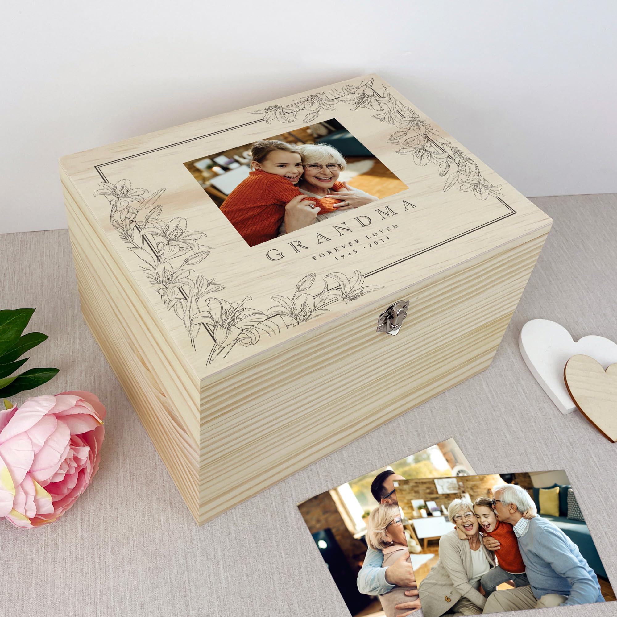 Caja de recuerdos personalizada con foto de lirio de pino | texto personalizado y foto | regalo de cumpleaños, regalo de aniversario, regalo de duelo, recuerdo conmemorativo, regalo para ella | 36 x