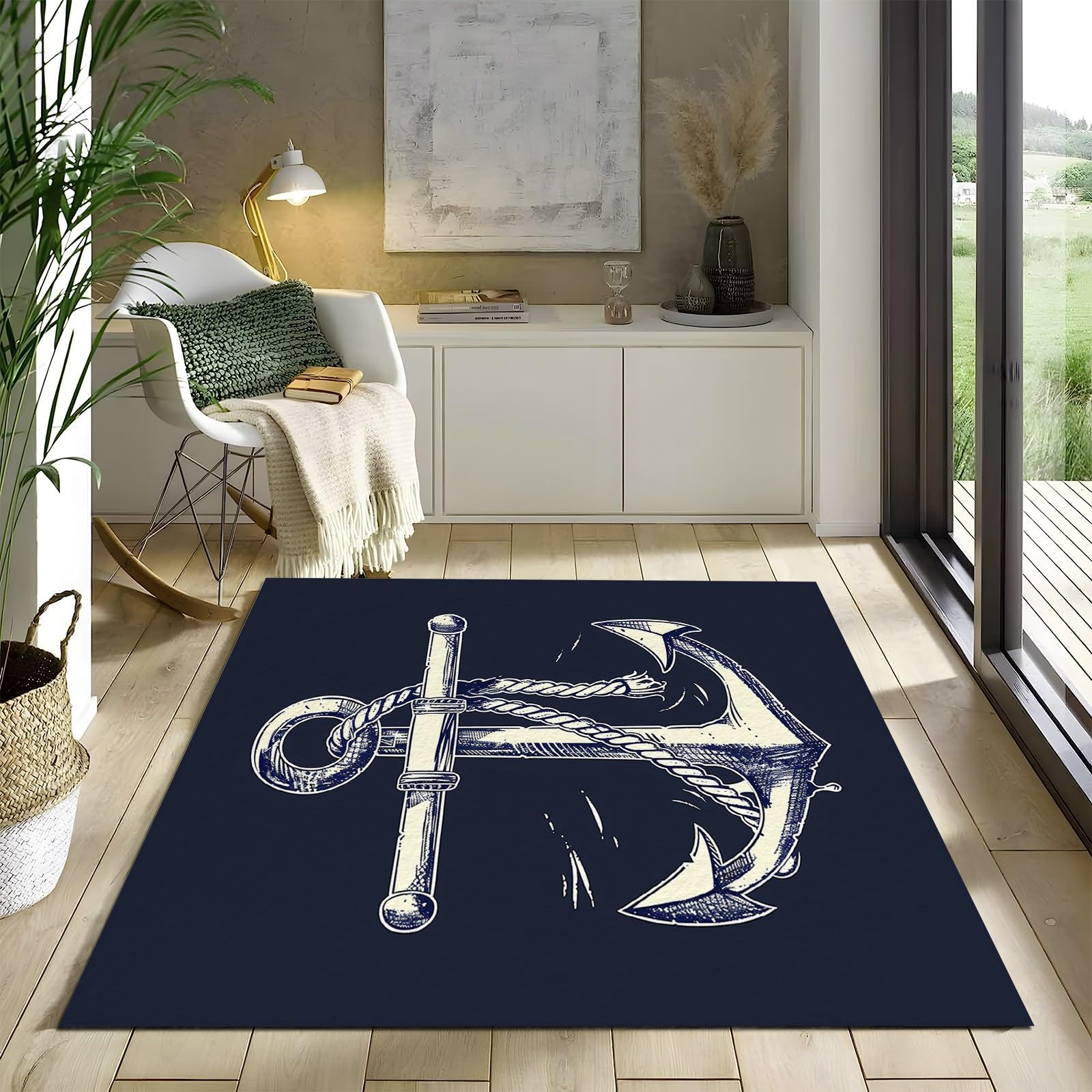 Tappeto lavabile 120 x 170 cm, per cameretta dei bambini, stile nautico, antiscivolo, per camera da letto, soggiorno, sala da pranzo, ufficio, sala giochi, tappeto blu a pelo basso stampato