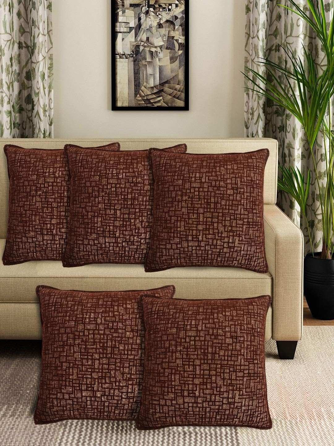 Saral Home Brown Tic-Tac Designer Viscose & Chenille Cushion Cover (Set of 5 pc, 40x40 cm)