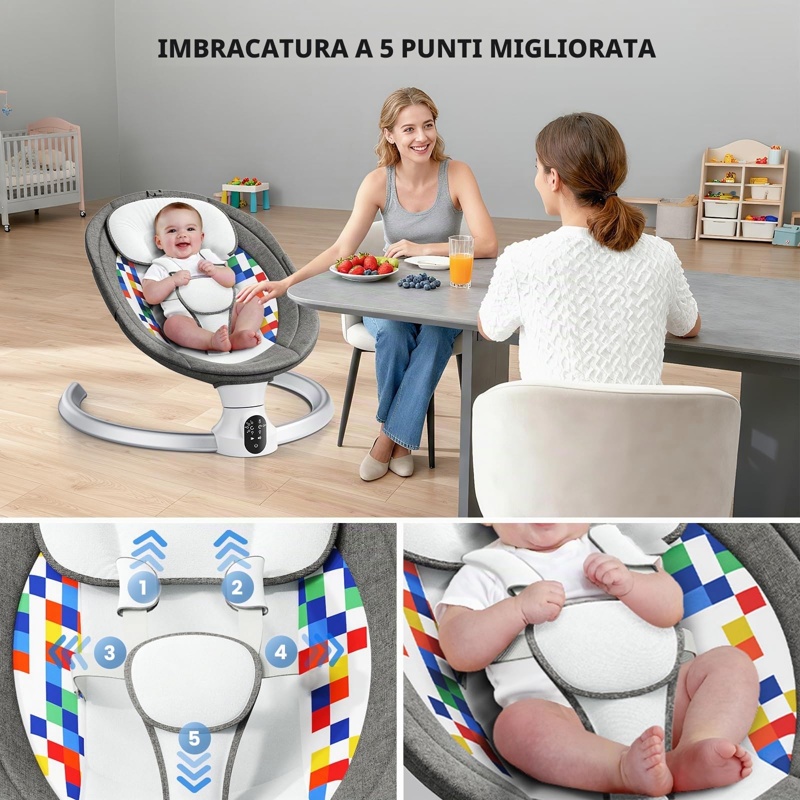 Operazione APP Sdraietta Neonati,Imbracatura a 5-Punti Migliorata Altalena Neonato Elettrica con 3 Timer,5 Velocità di Altalena,10 Musiche, Sdraietta Neonati Bluetooth Imbottita Morbida 0-9kg