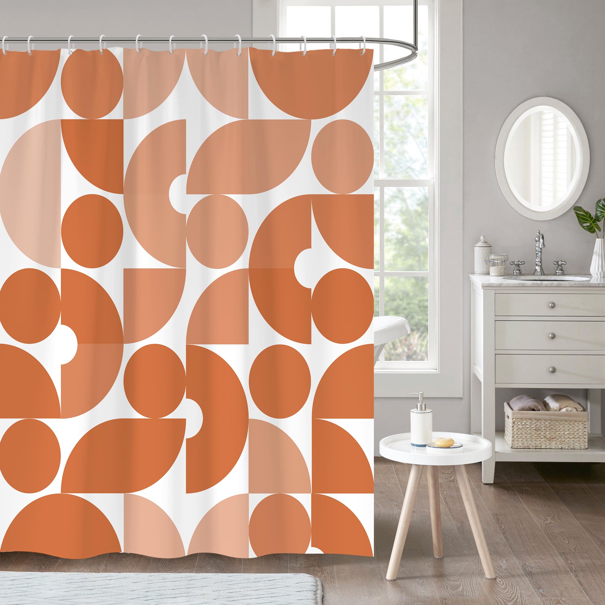 zokyer Kids Shower Curtain Orange Retro Terracotta Brown White Fun Geometric Cute Teen Bright Polka Dot Abstract Girl Hippie Vintage 70s Bathroom