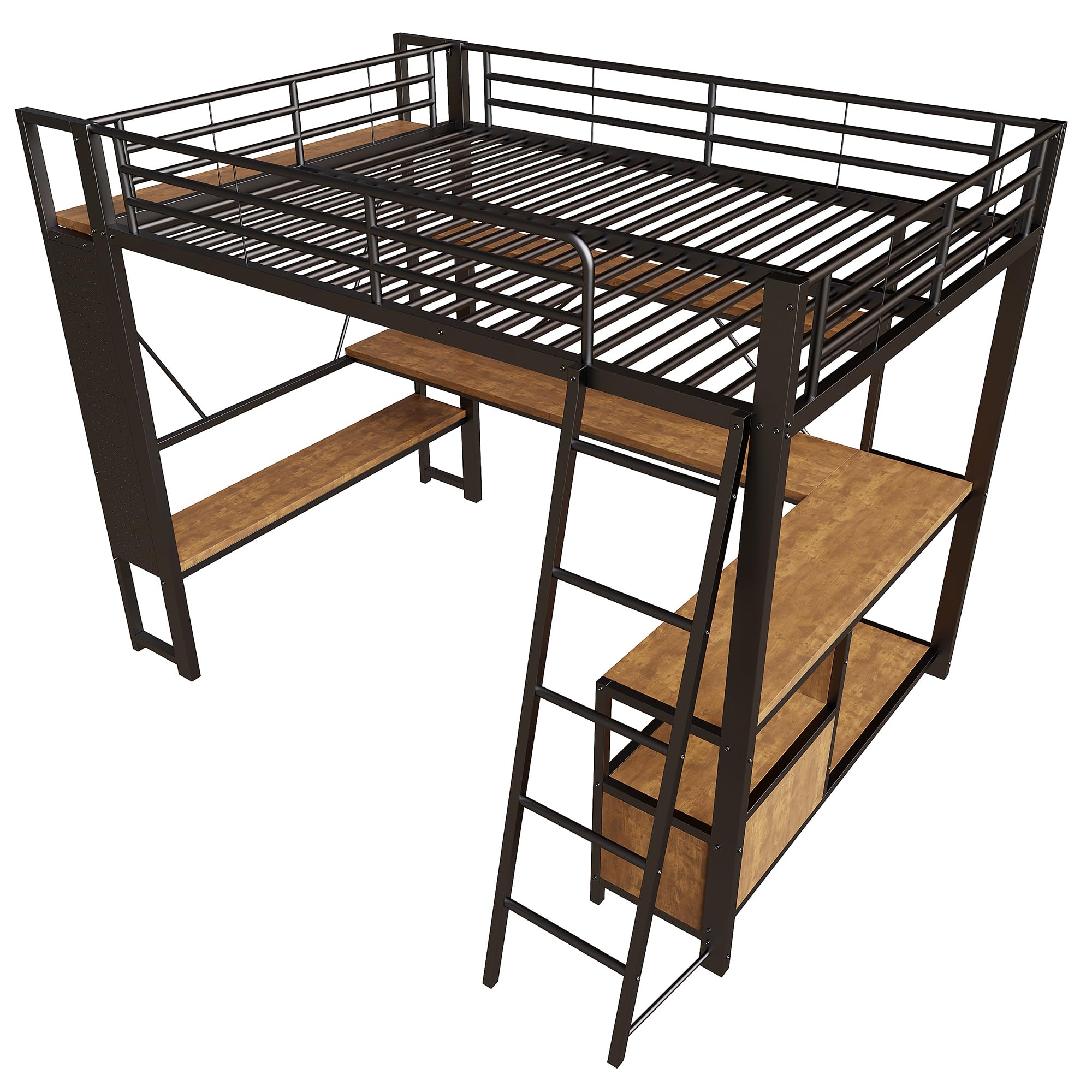 Cama alta de hierro 140 x 200 con LED, USB, escritorio, almacenamiento, estantes, panel perforado, negra