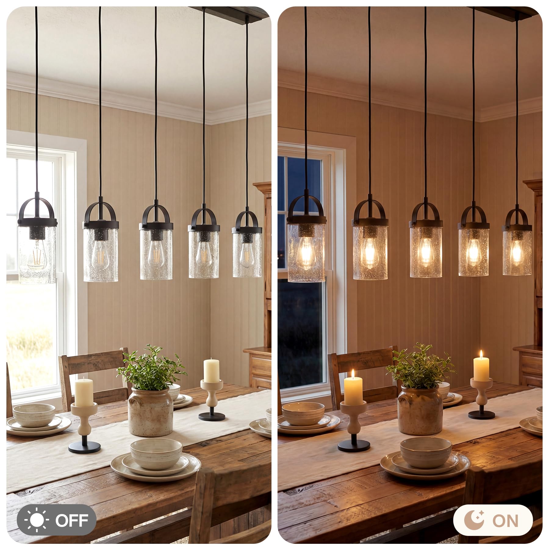 Tribesigns Lámpara de araña lineal negra de 5 luces, iluminación para isla de cocina de estilo rústico con pantallas de vidrio texturizado para comedor, altura ajustable, casquillo E27