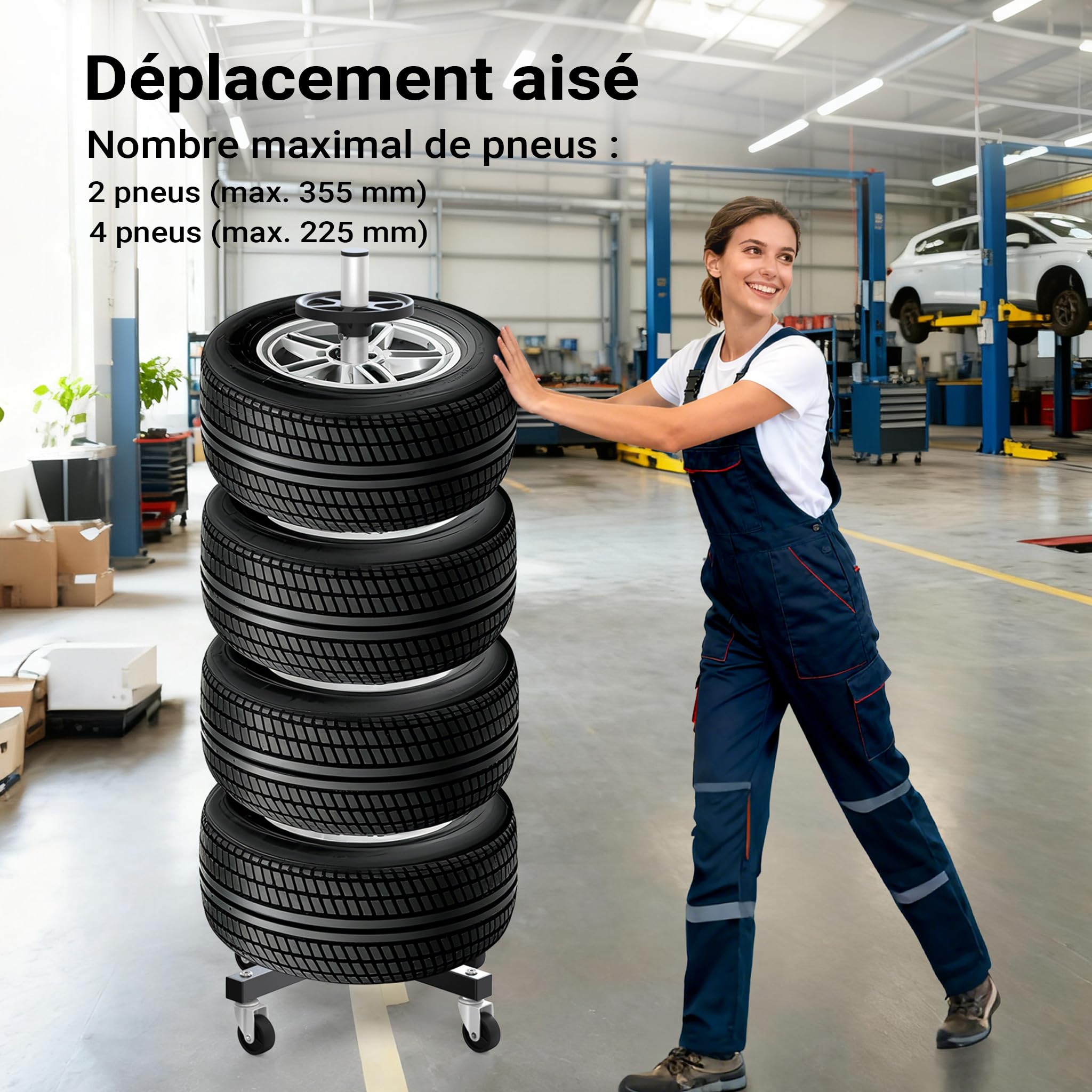 WilTec Support de Rangement Mobile pour pneus Range - Jantes Jusqu’à 225 mm Arbre à pneus Garage Cave