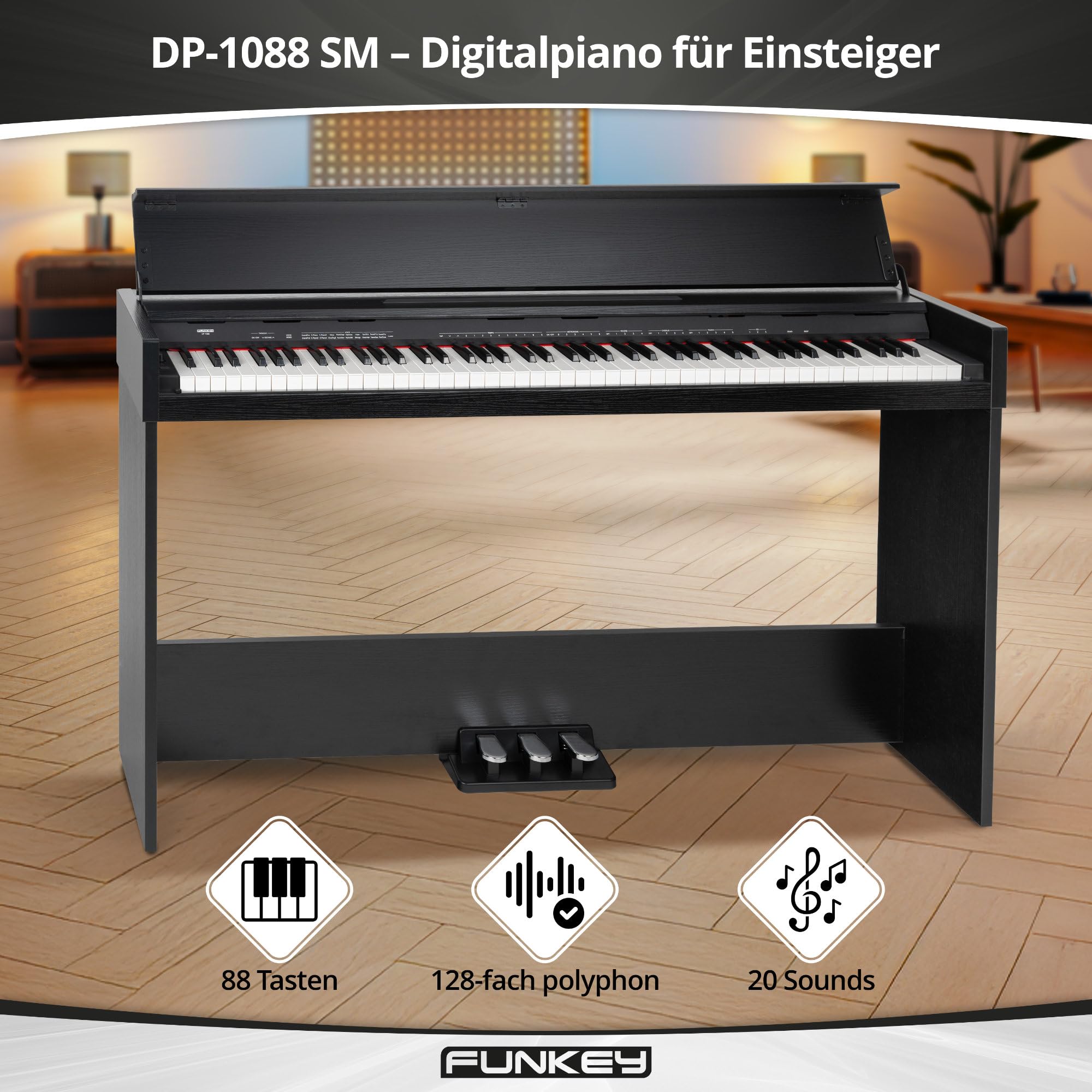 FunKey DP-1088 SM Pianoforte digitale sottile - 88 tasti sensibili alla velocità e 3 pedali - 20 suoni - Altoparlanti stereo integrati e 2 prese per cuffie - Finitura nera opaca