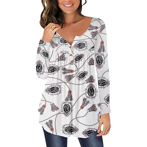 Womens Floral Blouse Pleated Front Buttons Closure Henley Long Sleeve Shirt