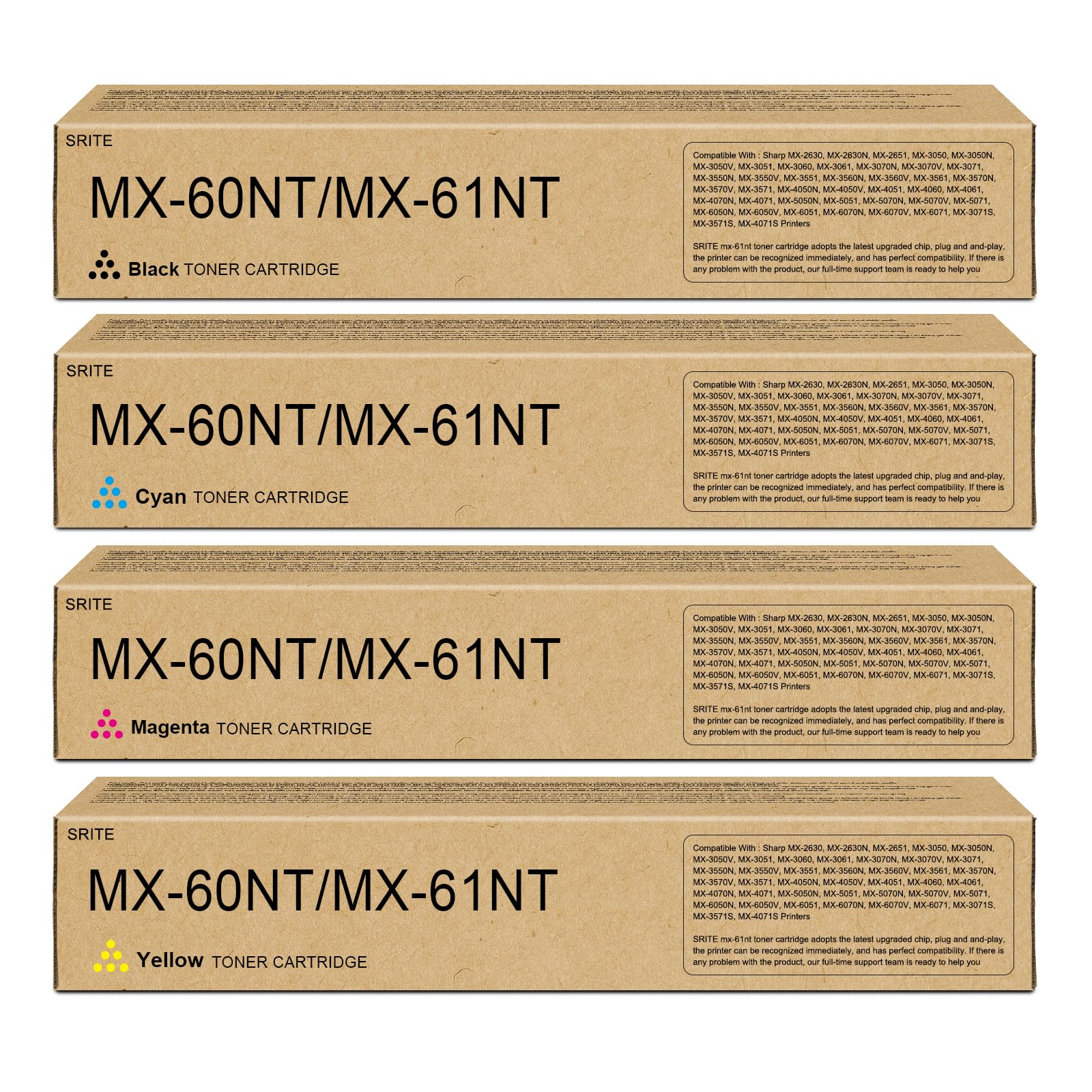 SRITE MX-61NT MX-60NT Toner Cartridge Replacement for MX-61NT-BA MX-61NT-CA MX-61NT-MA MX-61NT-YA Toner for Sharp MX-3071 MX-4051 MX-3050 MX-3551 MX-4071 MX-3571 MX-3051 Printer (4-Pack, KCMY)