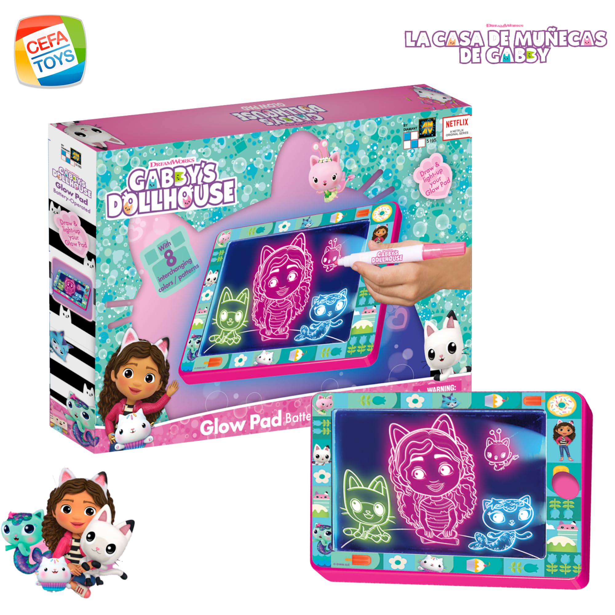 Cefa Toys - Magiczna tablica świetlna do domu dla lalek Gabby, tablica z przenośną tablicą świetlną, w zestawie 8 kolorowych świateł i 2 mazywalne markery, odpowiednie dla dzieci od 5 lat
