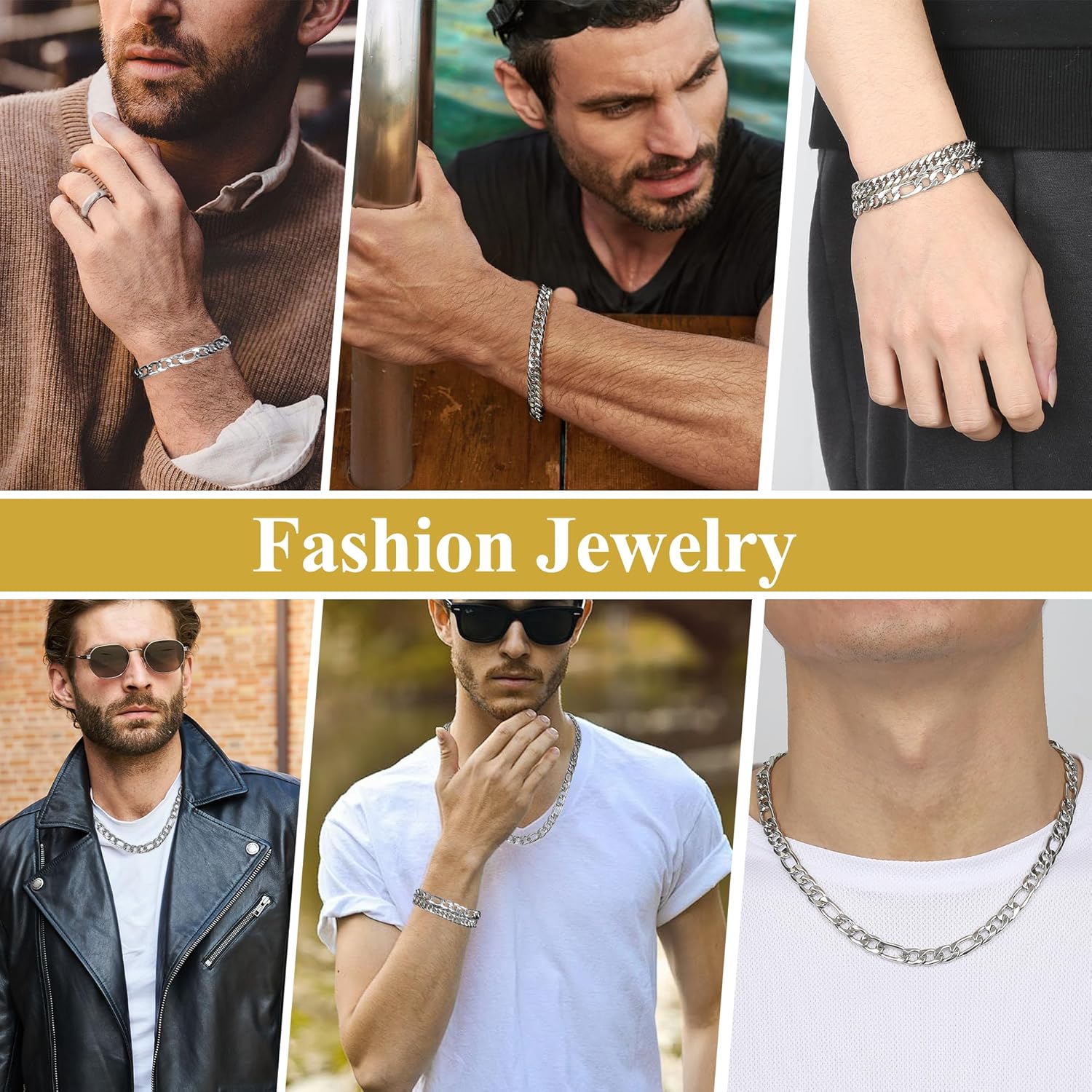 3PCS Figaro Necklace Bracelet Cuban Bracelet for Men, Silver Gold Black Sturdy 316L Stainless Steel Cuban Link Figaro Chain with 2-inch Jewelry Set with Gift Message Card 8mm - Image 5