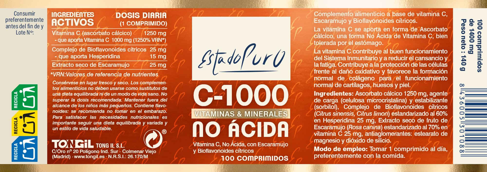 Vitamina C 1000 mg Estado Puro | 100 Comprimidos con Escaramujo y Bioflavonoides Cítricos | Suministro para 3 Meses | Alta Absorción, Suave para el estómago | Vegana, Sin Gluten | Tongil (1)