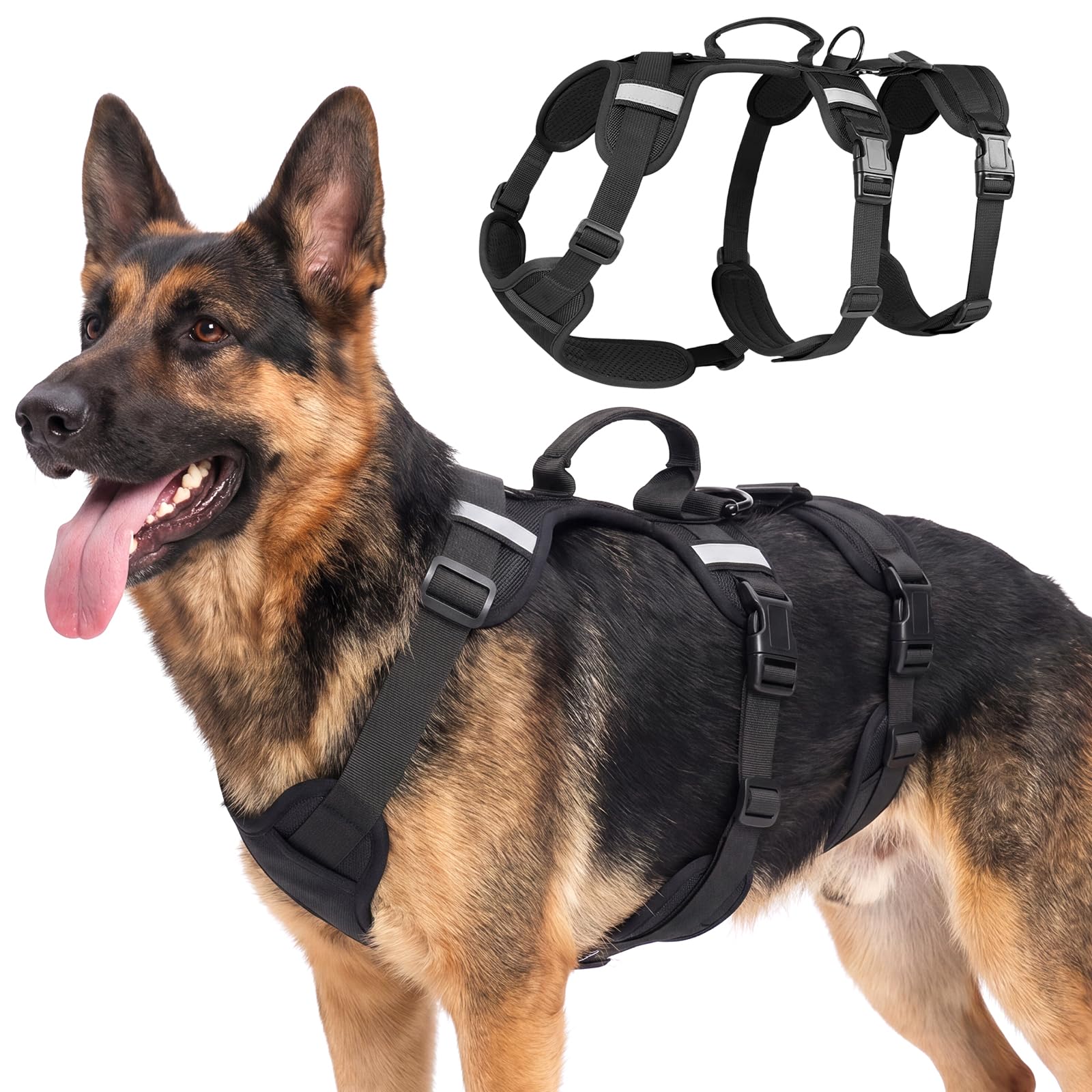 Olcyren Escape Proof Dog Harness, 3 point Reflective Adjustable Dog Harness with Padded Handle, Breathable Comfortable Pet Vest Harness for Medium Large Dogs Outdoor Training Walking (Black, L)