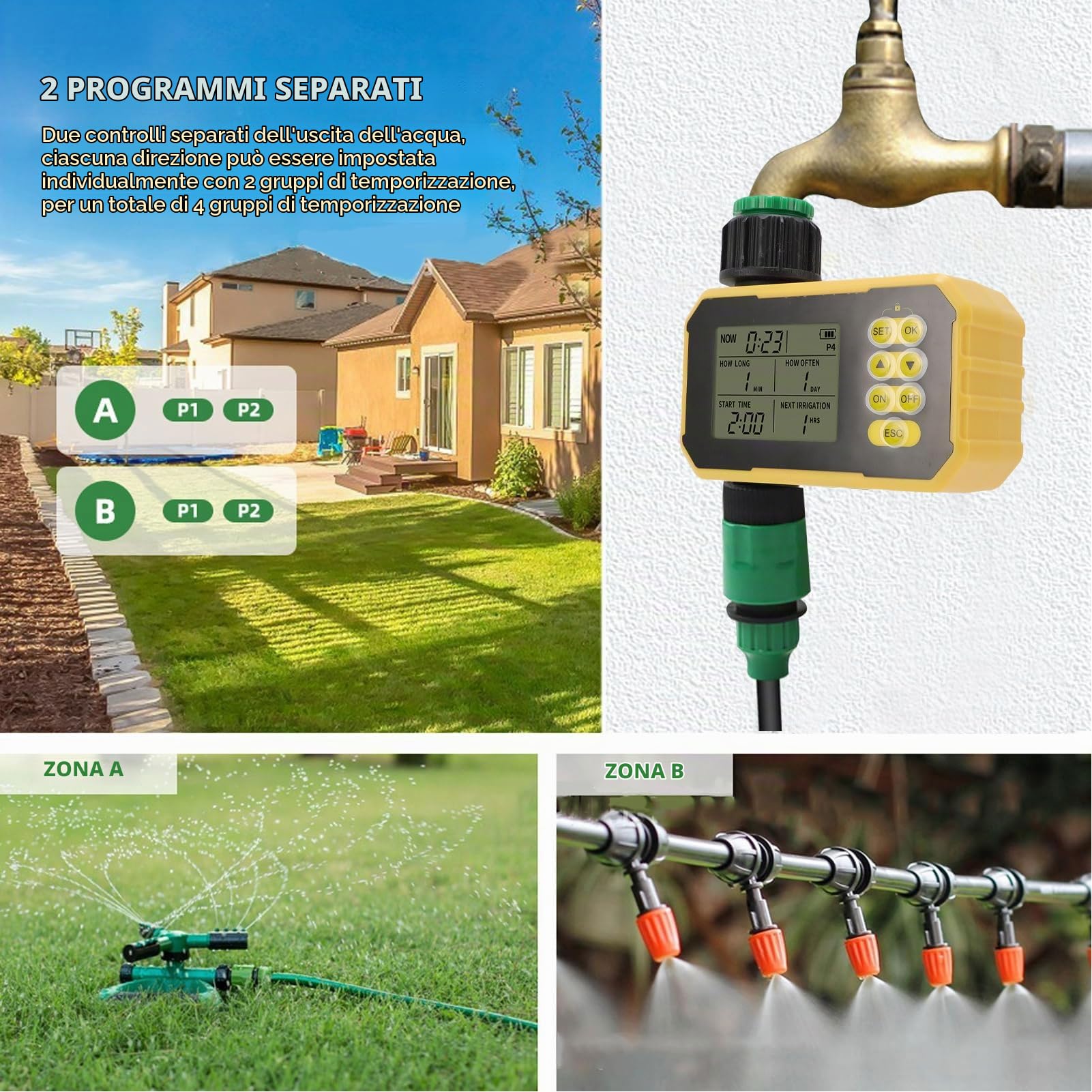 Timer di Irrigazione del Pannello Solare, Timer D'acqua Intelligente con Sensore Pioggia, Controller di Irrigazione Valvola di Irrigazione Automatica per Prato Tubi Giardino