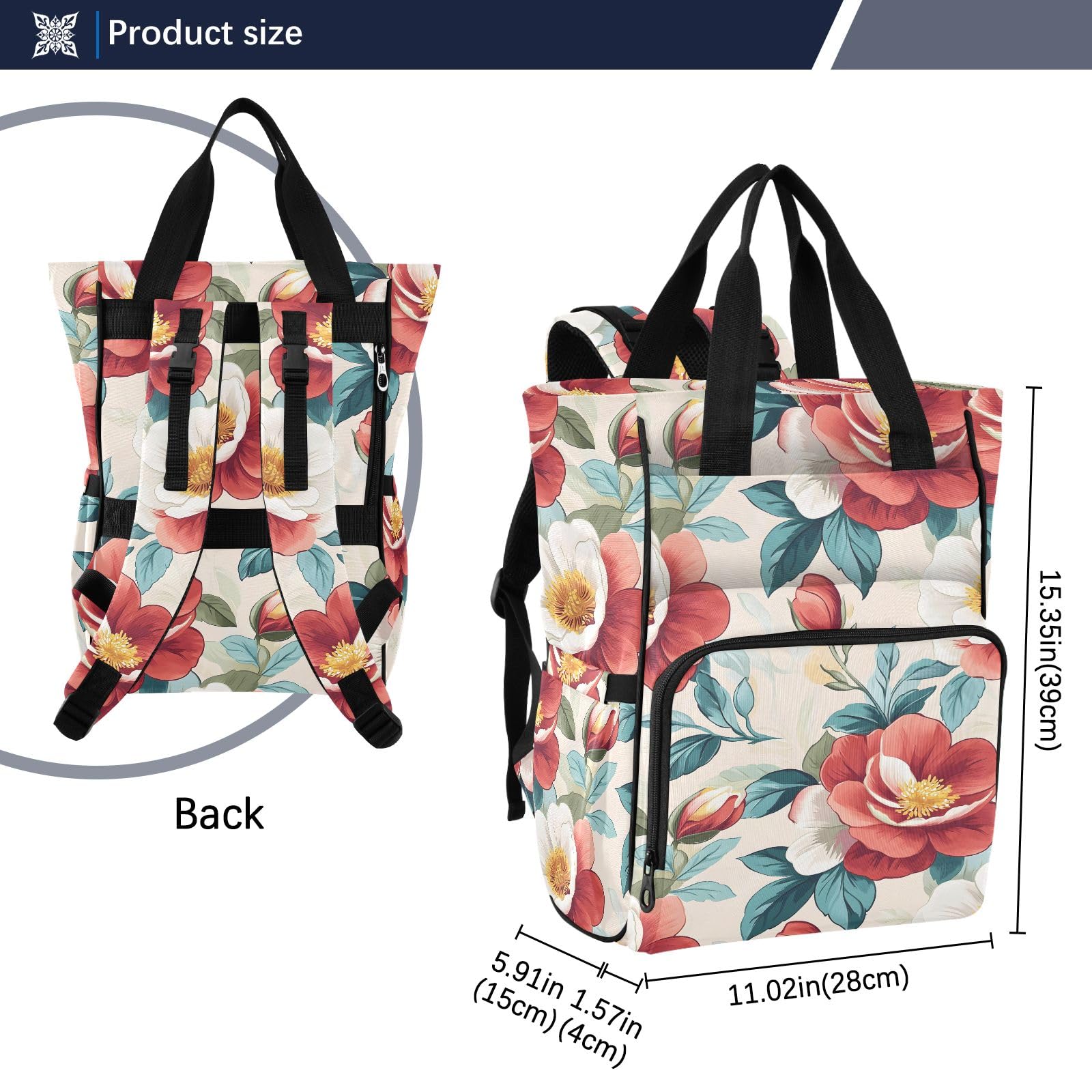 Mnsruu Atractiva mochila para pañales de bebé con patrón floral rojo, bolsa grande, impermeable, bolsas de pañales de viaje para mamás y papás