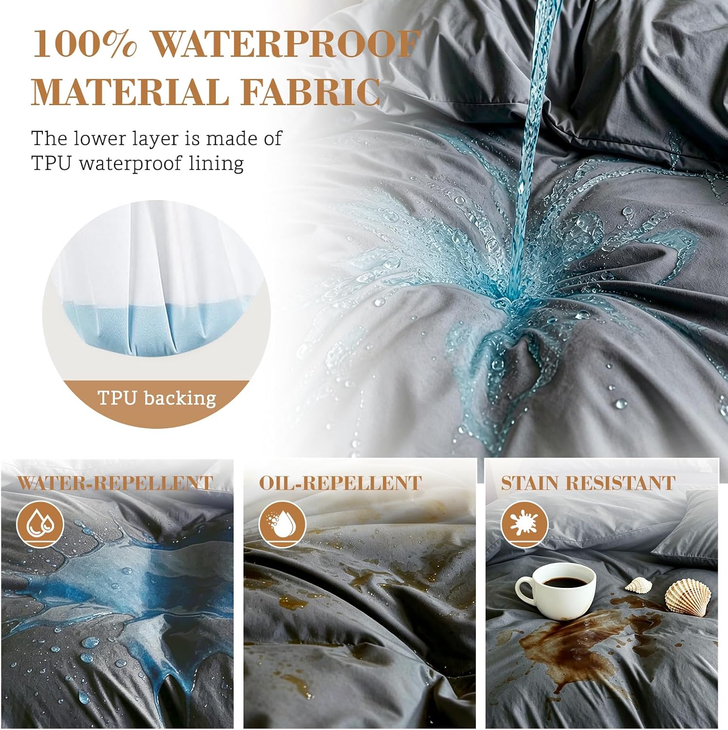 Waterproof Duvet Cover 90'' x 106'' Washable Reusable Comforter Protective Cover Duvet Protector King Size with Zipper Closer Flap, 2 Pillowcases for Pets, Kids, Elder, Incontinence(King,Gray)