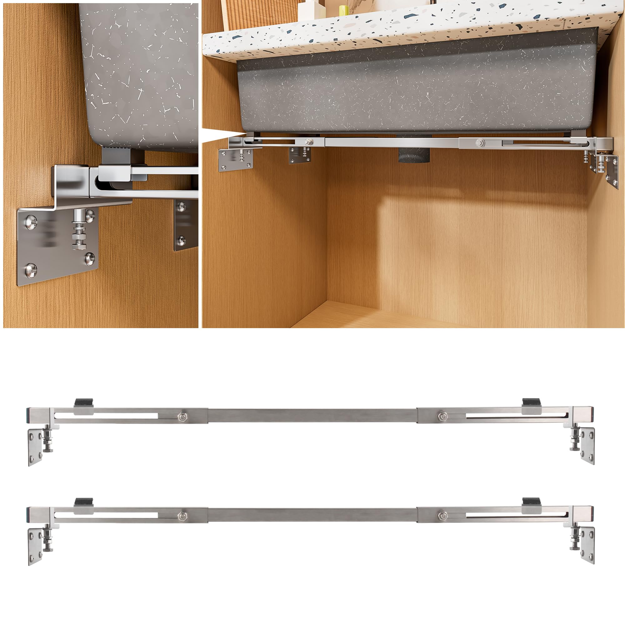 CPT-4pro Upgrade Unterbau-Spülbeckenhalterungen, Edelstahl, verstellbare Stützen mit 4 Anti-Ausbuchtungs-Kits für robuste Unterbau-Küchenspüle (51–80 cm)
