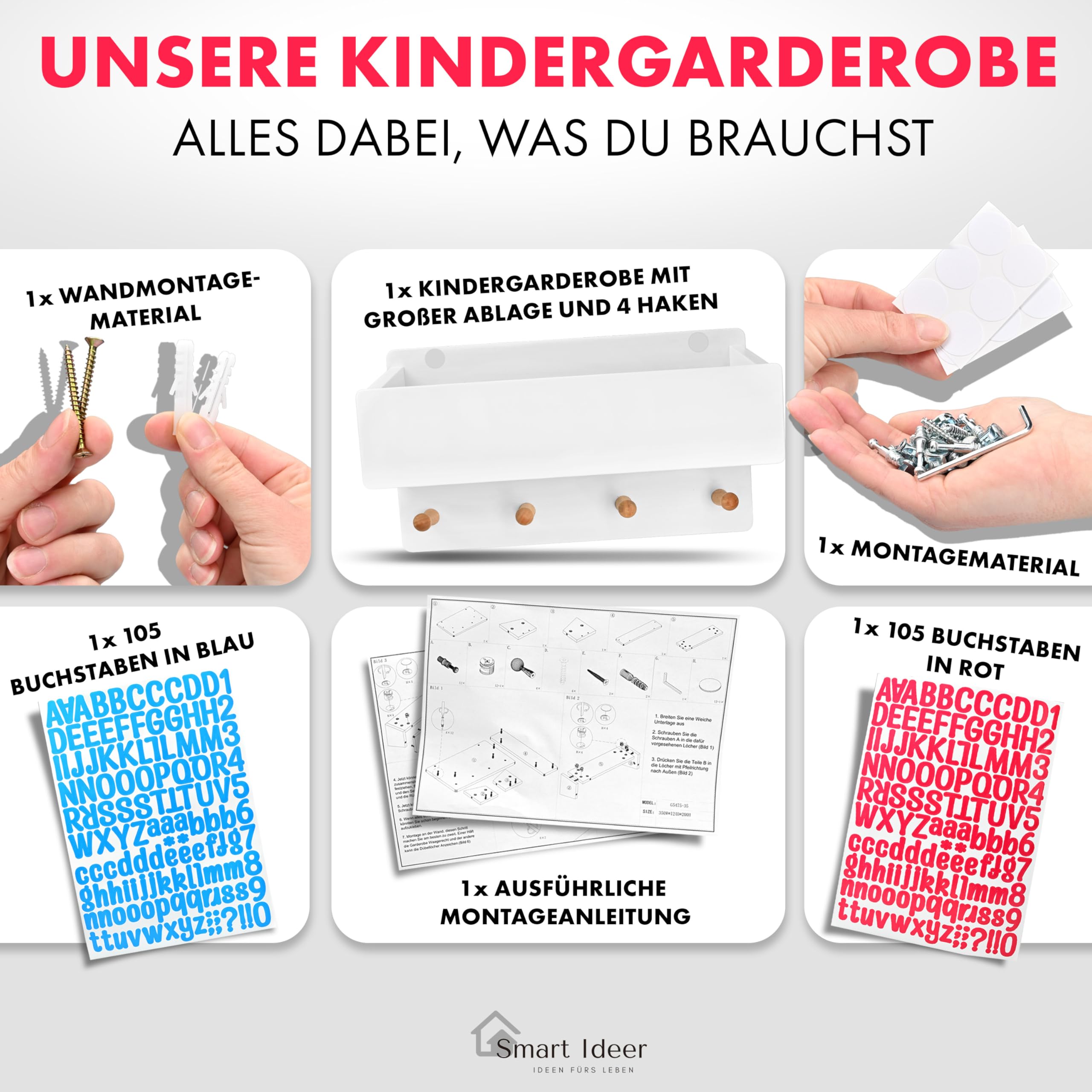 Kindergarderobe mit Ablage - Individuell mit selbstklebenden Buchstaben - Wandgarderobe aus Holz - Garderobe mit 4 Haken - Garderobe Kinder mit Ablage
