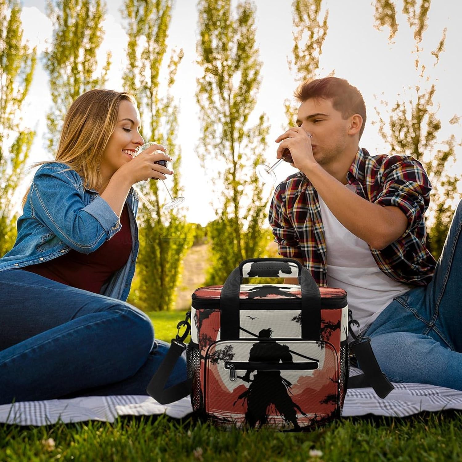 Large-Capacity Oxford Cloth Samurai Printed Camping Ice Bag, Outdoor Portable Insulation and Cold Storage Bag, Enjoy A Cool Camping Time