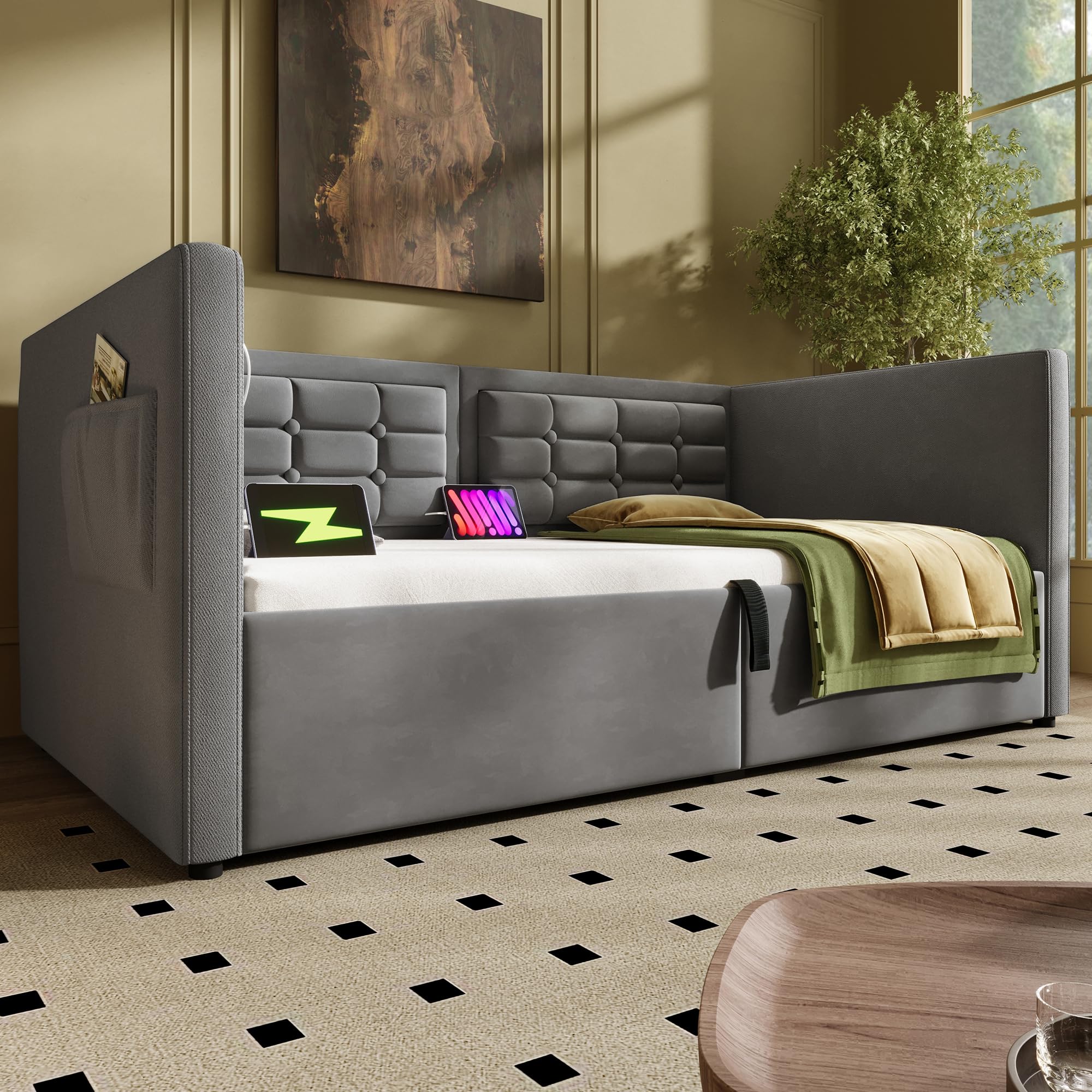 Schlafsofa Tagesbett 90x200 cm mit Aufbewahrungstasche und USB-Typ-C, Hydraulisches Bett mit Stauraum, Einzelbett Sofabett Bettgestell mit Lattenrost, Samt, Grau, Ohne Matratze