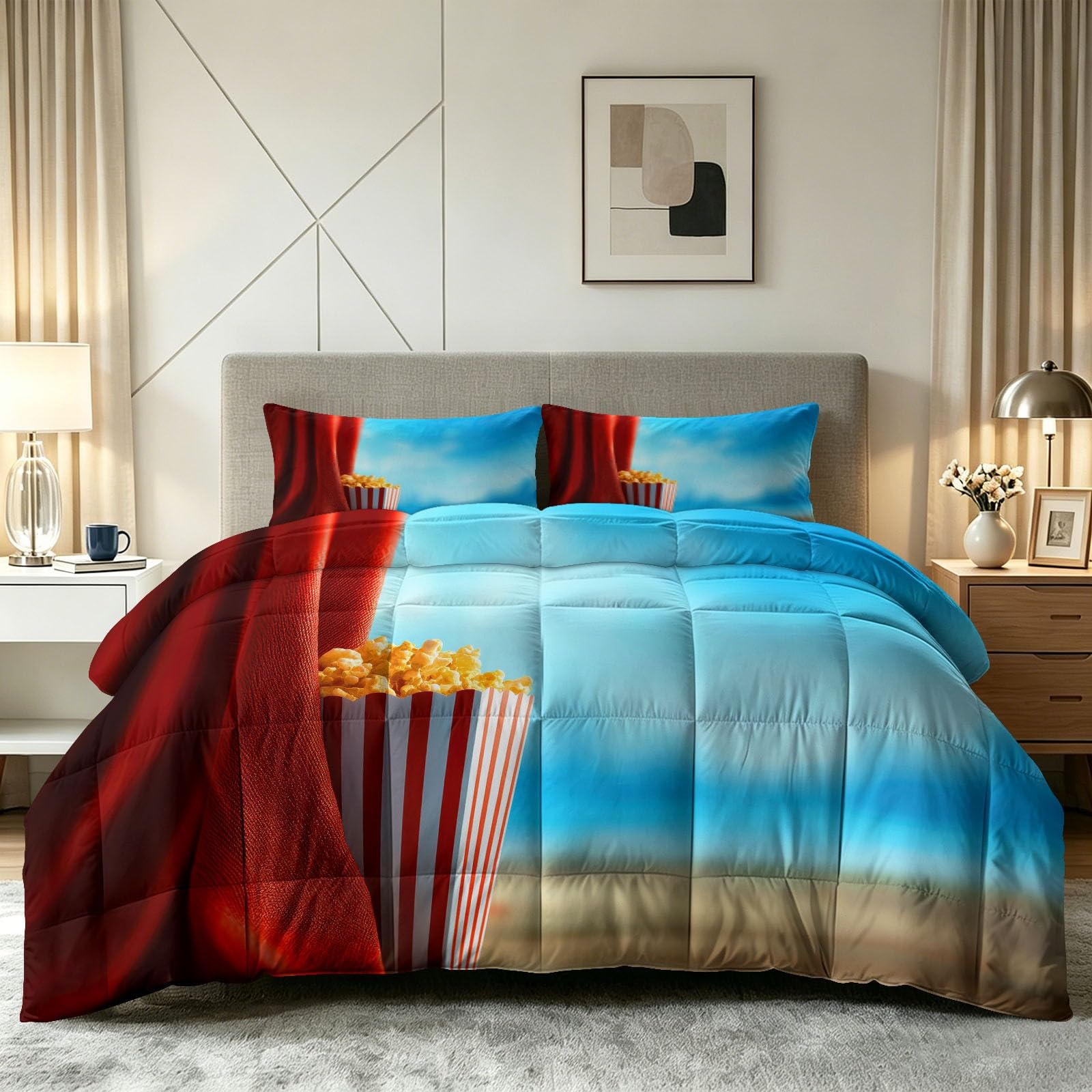 Poszewka na kołdrę pojedynczą 7,5 tog - letnia dwustronna kołdra z 2 poszewkami na poduszki, kołdra 135 x 200 cm, nowoczesna, lekka i przytulna kołdra 220 g/m², popcorn do kina, narzuta na łóżko
