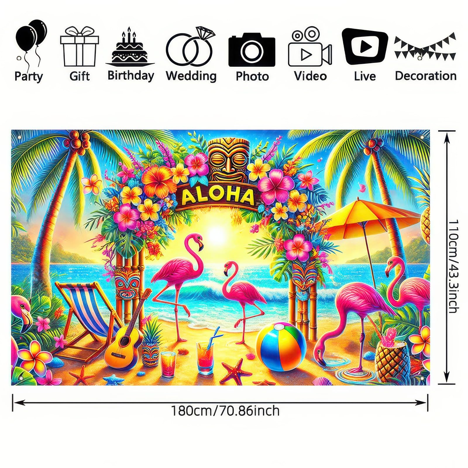 BlissYard Hawaii Strand-Banner – 180.3x109.2 Cm, Polyester, Für Poolpartys & Deko (Surfboard, Palmen, Van)