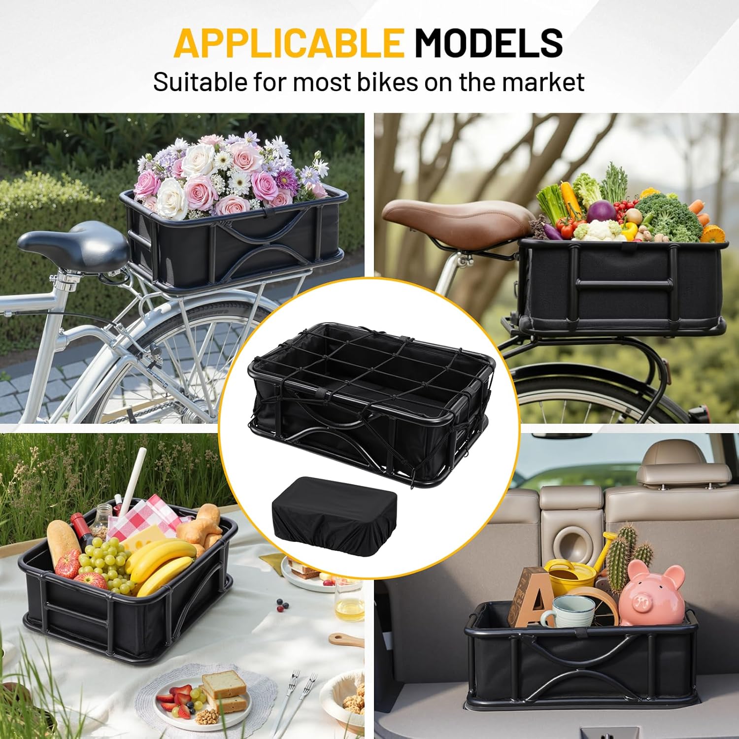 Heavy Duty Rear Bike Basket for Adults, Bicycle Cargo Basket with Removable Liner, Waterproof Cover & Cargo Net, Universal Fit for E-Bike, Mountain Bike, Dog Carrier