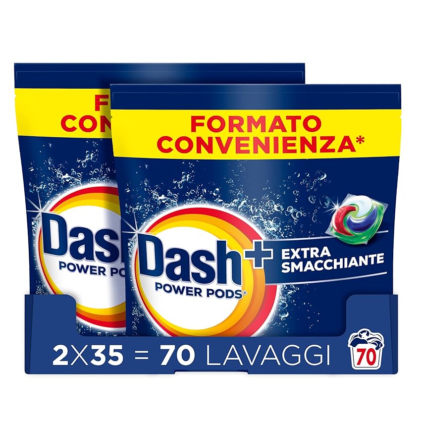 Dash Power Pods Detersivo Lavatrice In Capsule, Extra Smacchiante, 70 Lavaggi (2x35), Rimuove anche le macchie secche da 7 giorni, per una pulizia impeccabile