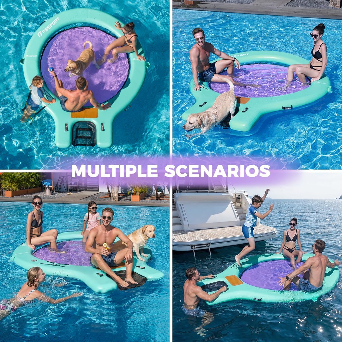 FBSPORT Inflatable Water Hammock Floating Dock with Boat Ramp,Round Floating Ring Inflatable Raft with Cup Holders, Sun Float Chill Tanning Pool Lounger Platform for Lake