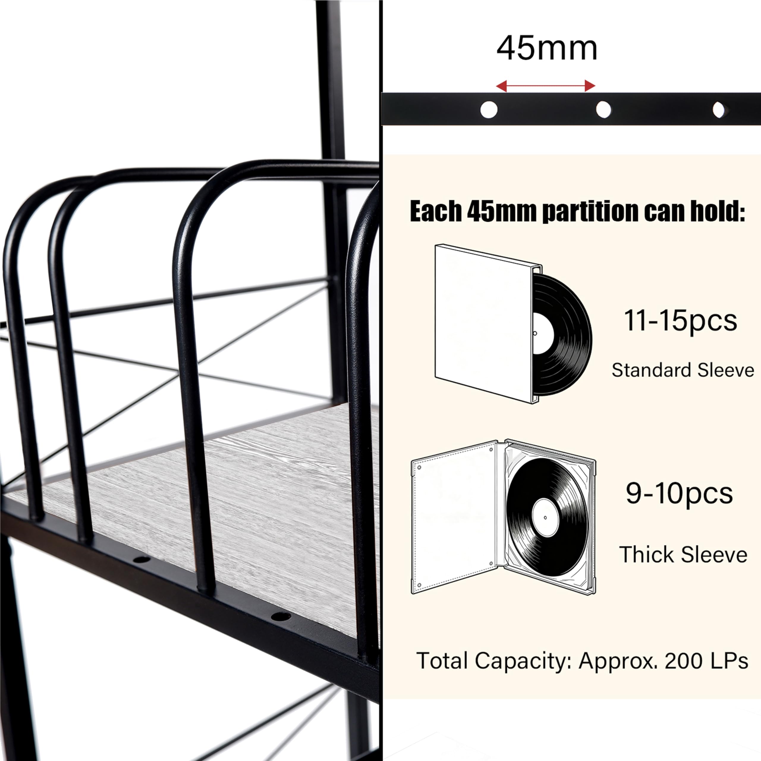 Soporte para tocadiscos con 4 separadores ajustables, mesa auxiliar de 3 capas, almacenamiento de discos de vinilo con capacidad para 200 LPs, mesa multifuncional para el hogar, color