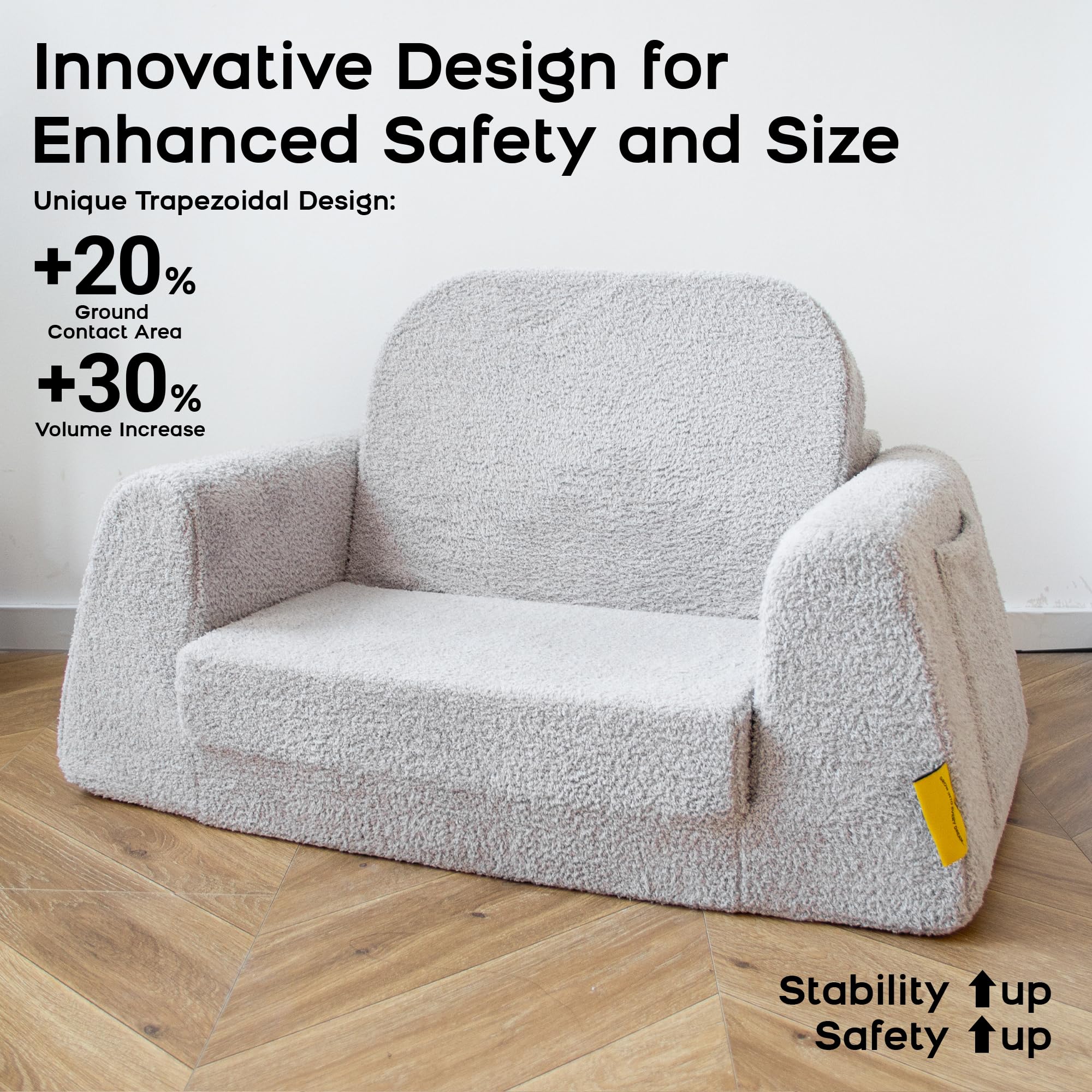 BanaSuper Poltrona Letto Bambini 2-in-1, Divano per Bambini con Tasca in Stoffa, Divano Convertibile e Lettino Pieghevole, Tessuto Sherpa Morbido, Copertura Lavabile, Grigio
