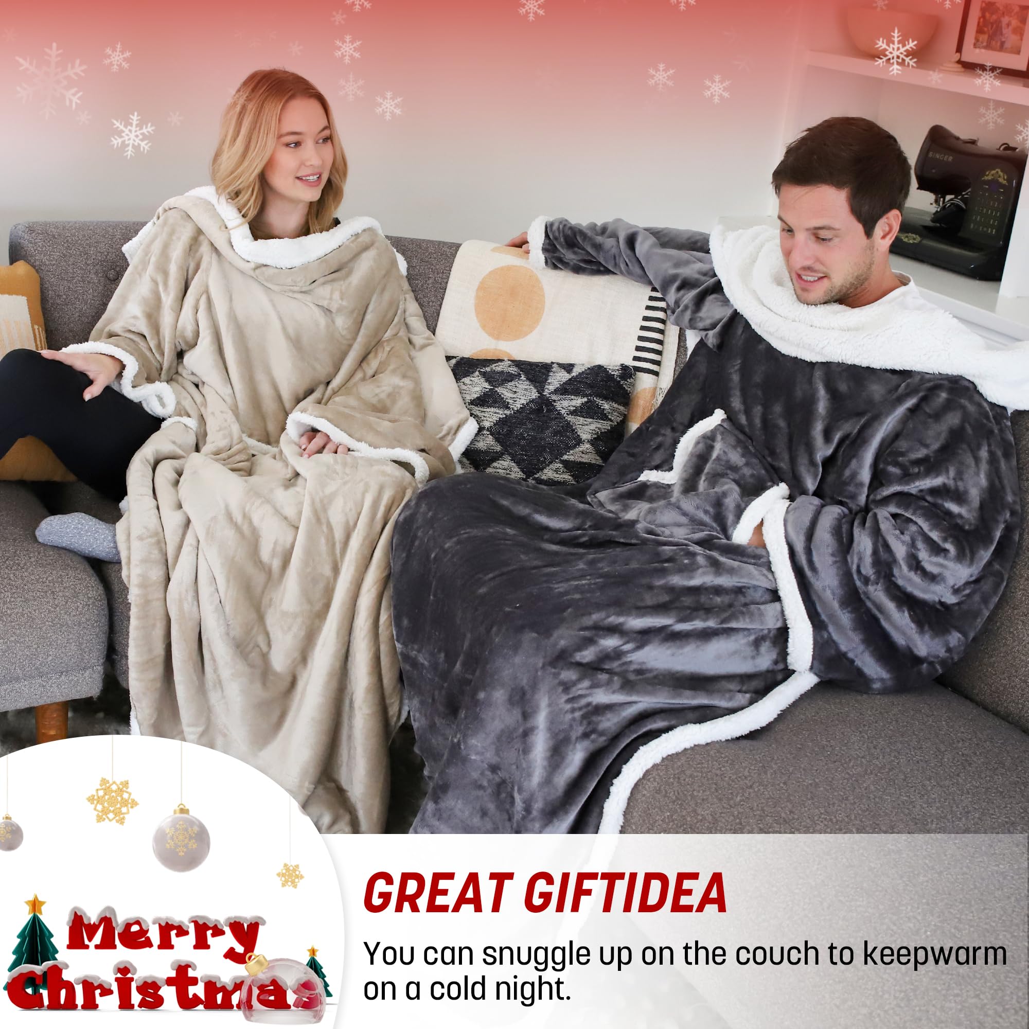 Catalonia Classy Couverture Portable Sherpa avec Manches, Super Douce et Confortable, Grande Polaire à Manches en Peluche TV, Couverture enveloppante pour Femmes et Hommes Adultes 185cm x 140cm