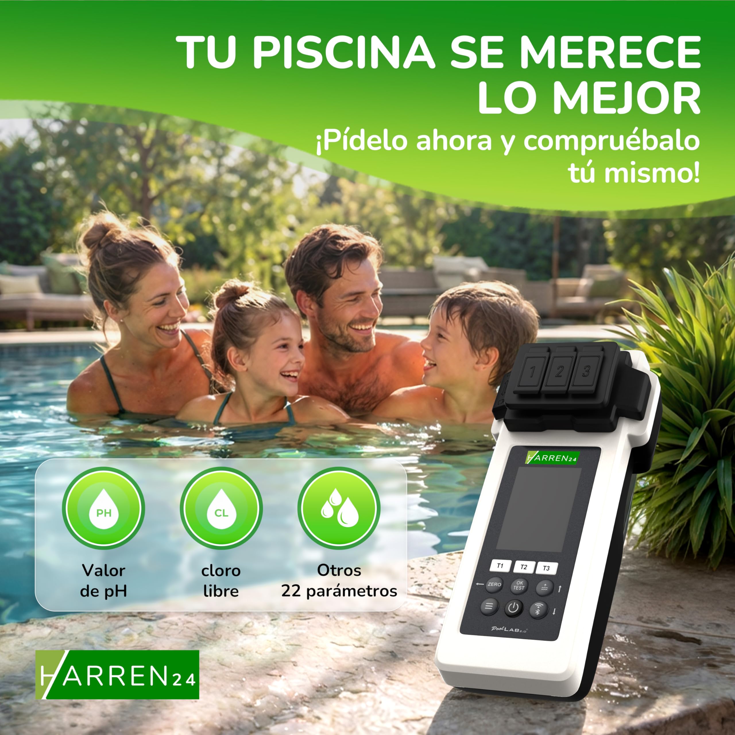 PoolLAB 2.0 Special Edition - Comprobador de agua electrónico (fotómetro) para piscina, Bluetooth, incluye 70 + 100 pastillas de prueba, mezcla de relleno cloro pH Phenol rojo ácido cianúrico
