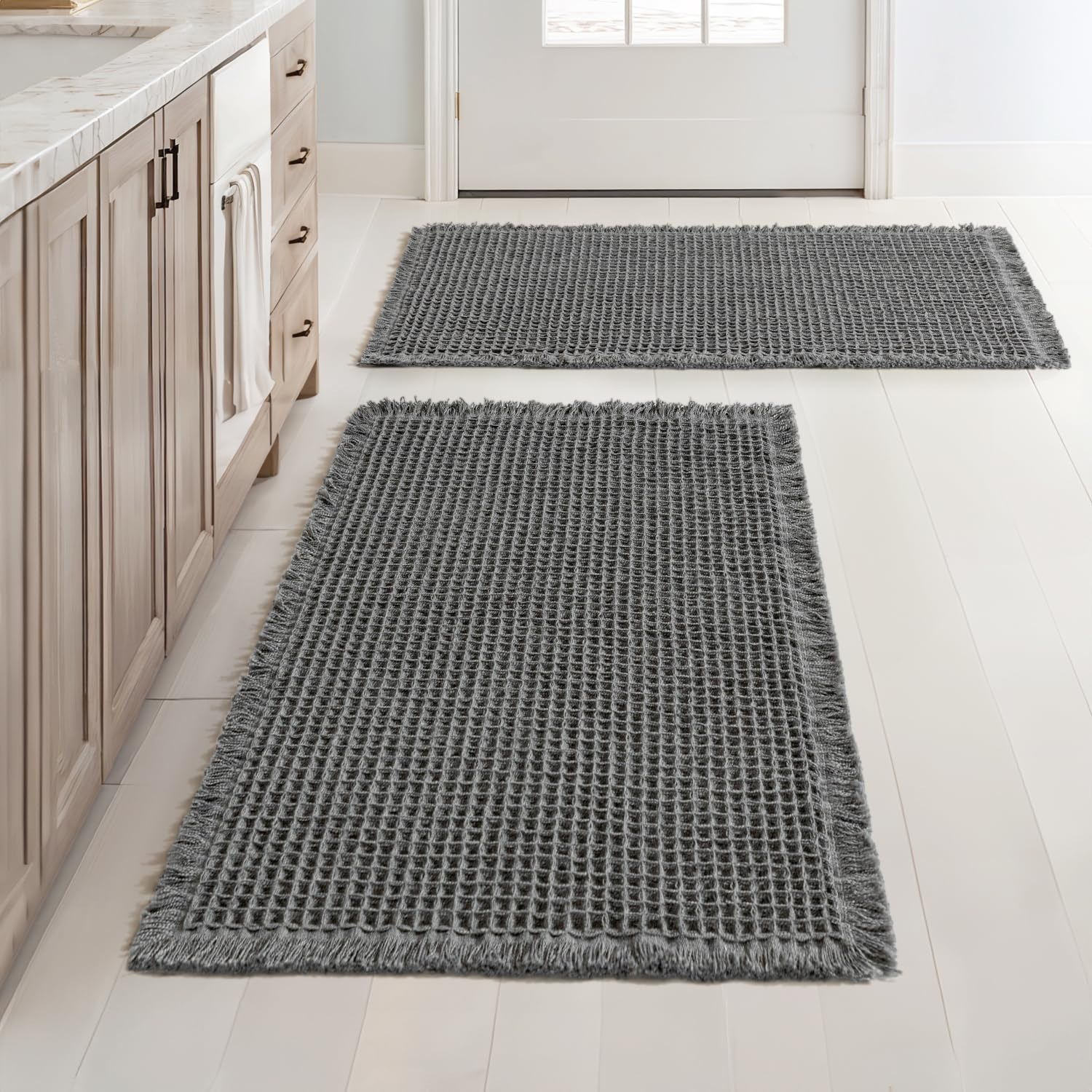miulee set of 2 waffle bathroom rugs, boho bath rugs non slip washable, super absorbent bath mats, ultra soft rubber backed shower mats for bathroom floor, tub and shower, dark grey, 18x30 inch